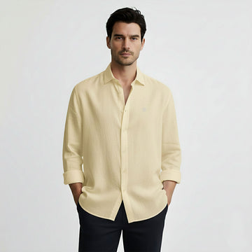 Regular Fit Long Sleeve Yellow Linen Blend Men's Shirt
