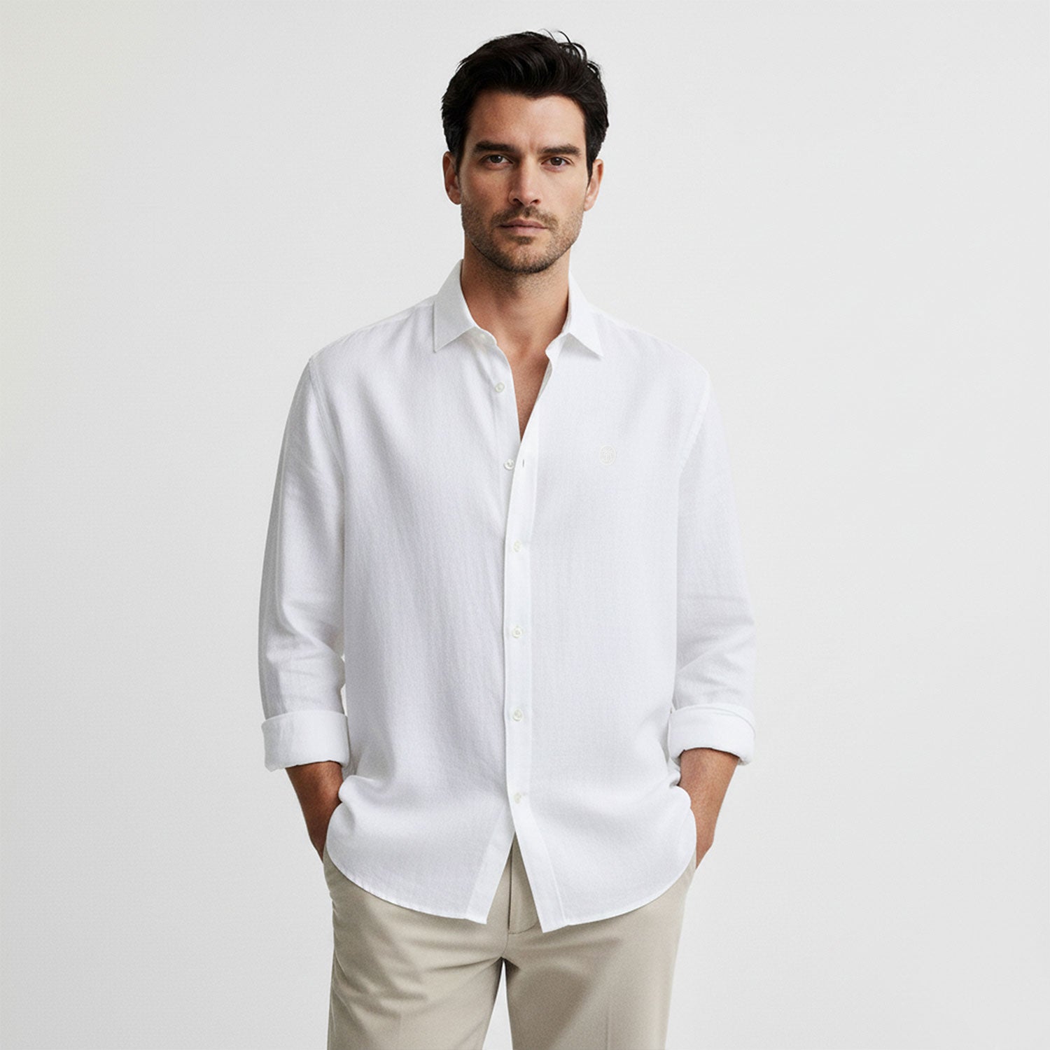 Regular Fit Long Sleeve White Linen Blend Men's Shirt