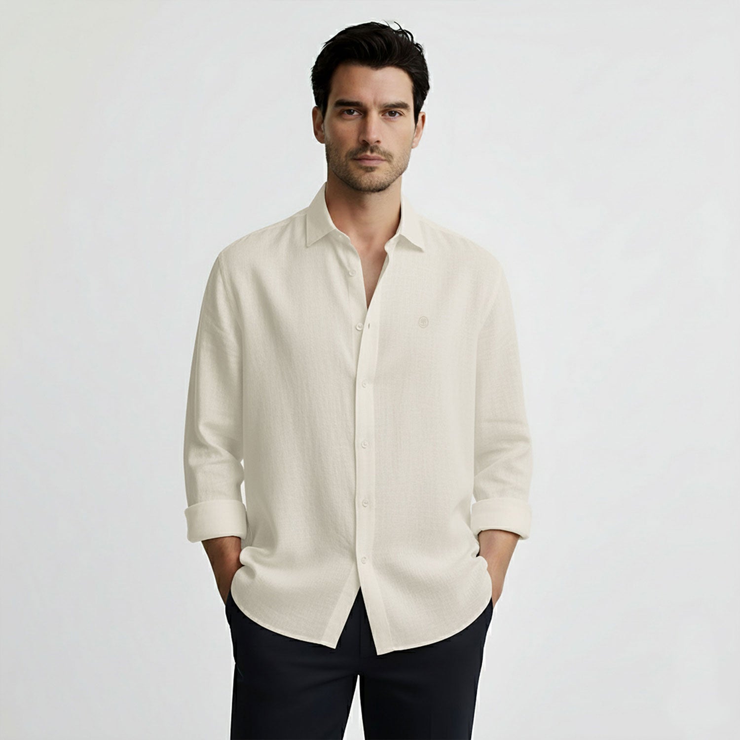 Regular Fit Long Sleeve Light Yellow Linen Men's Shirt