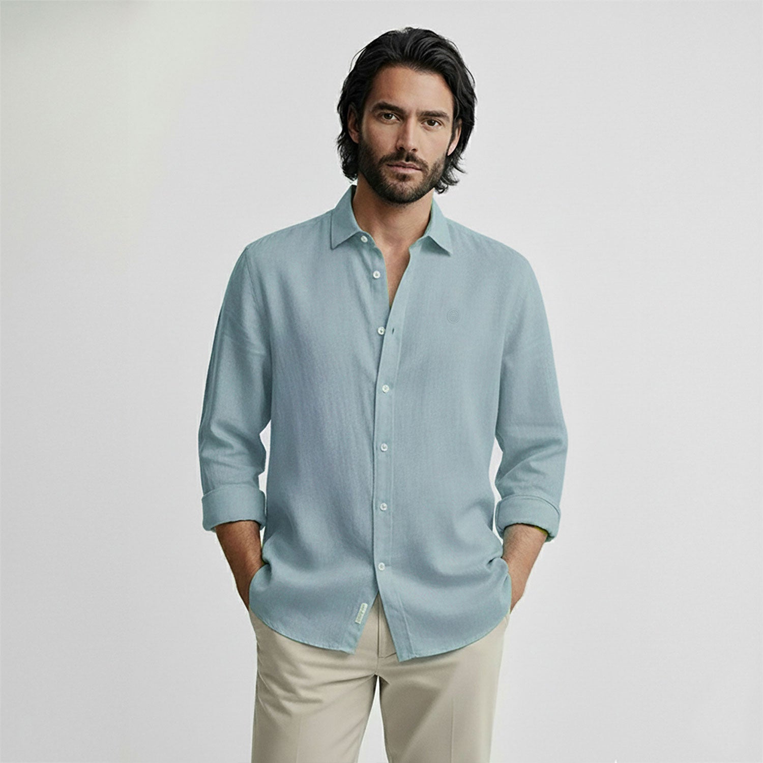 Regular Fit Long Sleeve Dusty Mint Linen Blend Men's Shirt