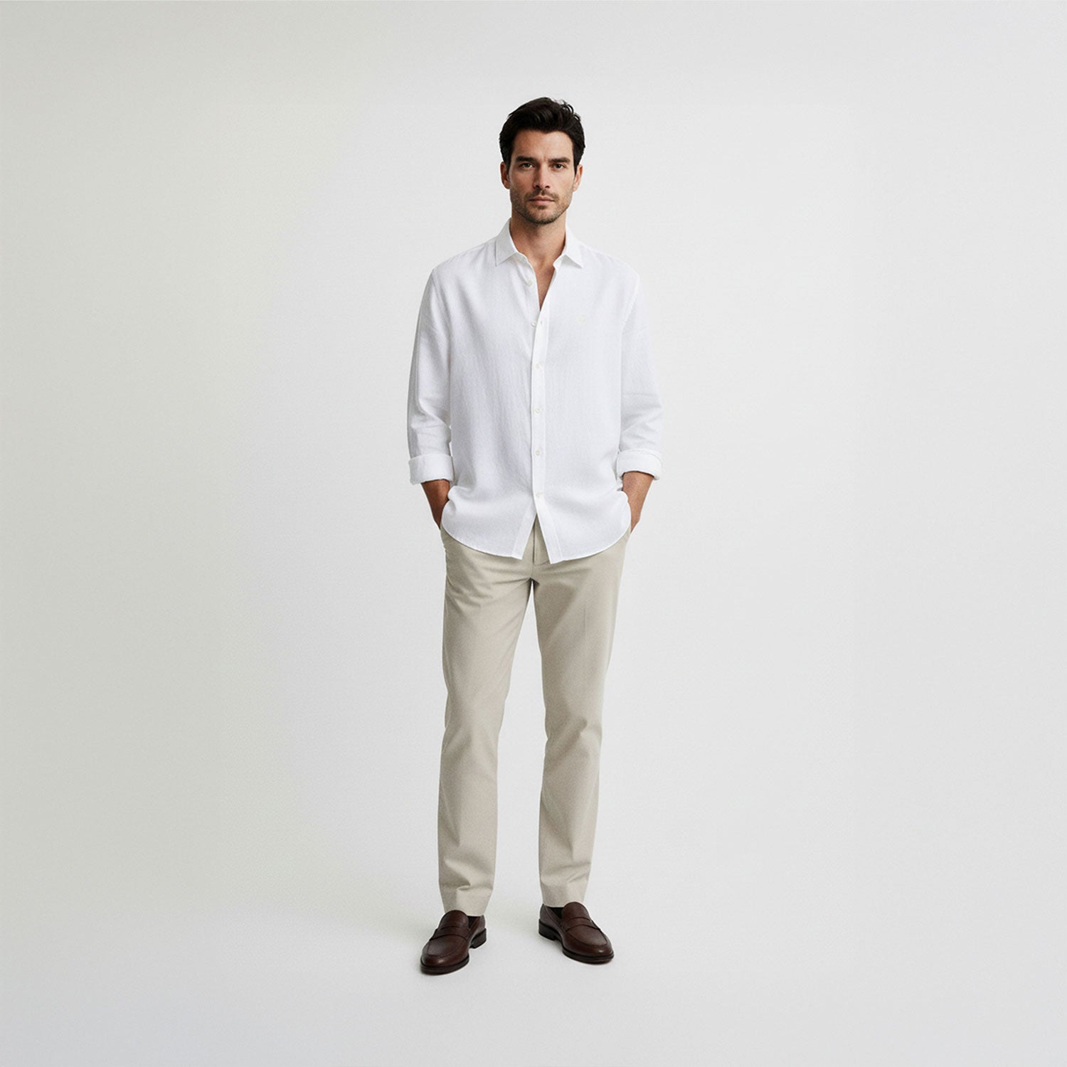 Regular Fit Long Sleeve White Linen Blend Men's Shirt