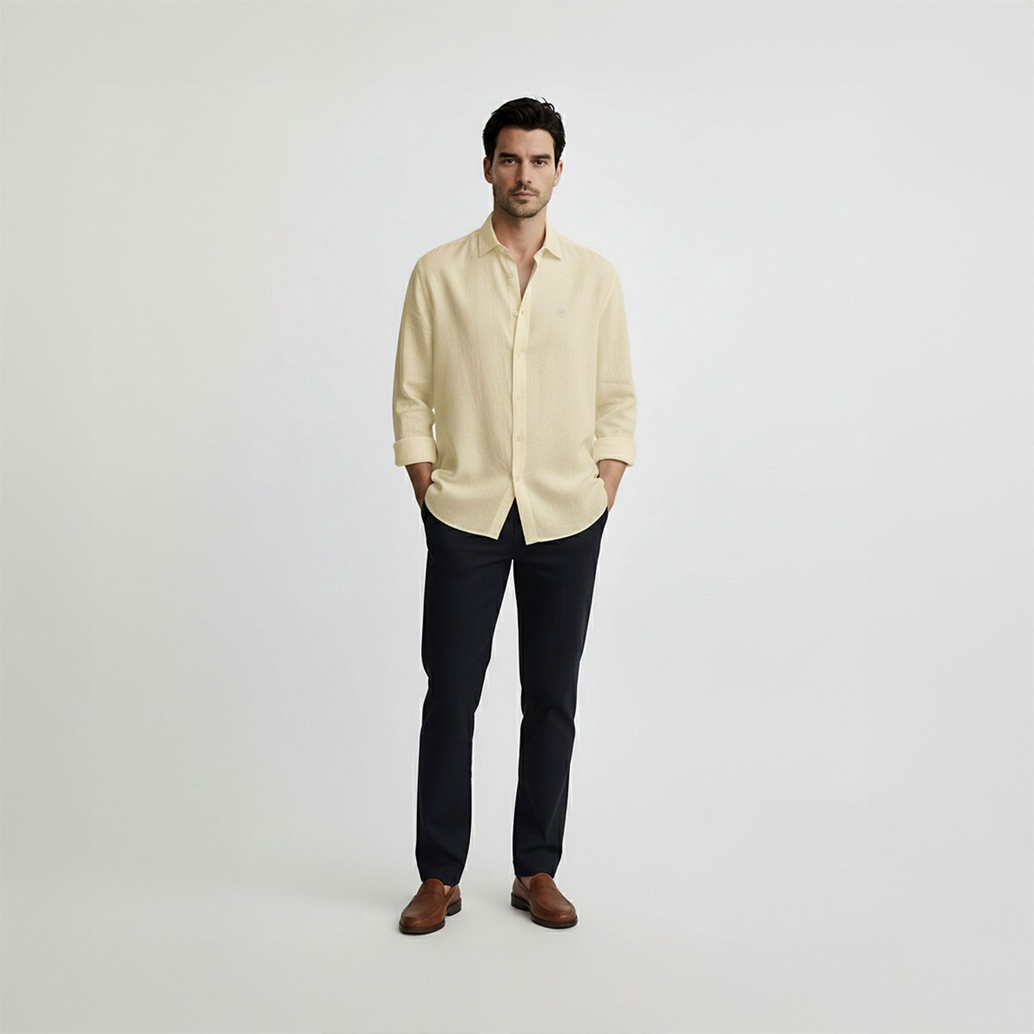 Regular Fit Long Sleeve Yellow Linen Blend Men's Shirt