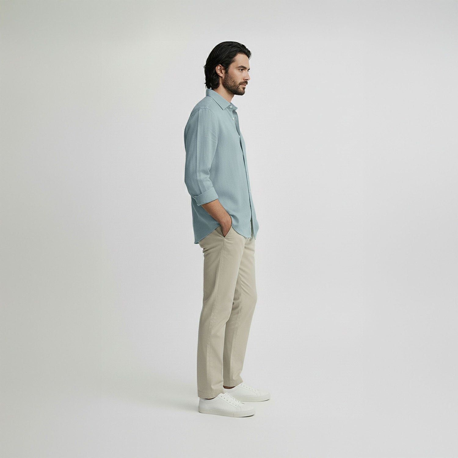 Regular Fit Long Sleeve Dusty Mint Linen Blend Men's Shirt