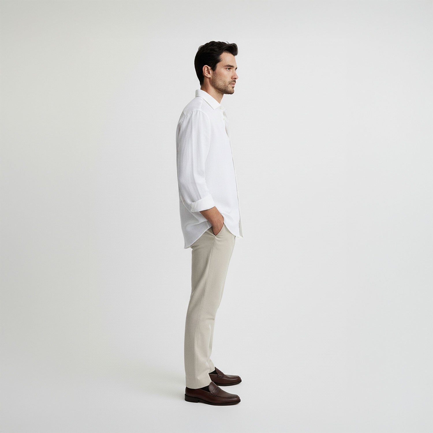 Regular Fit Long Sleeve White Linen Blend Men's Shirt