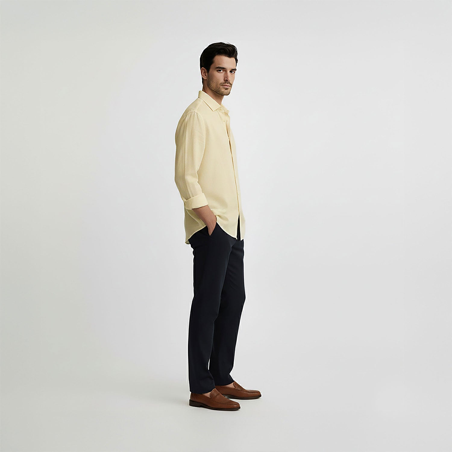Regular Fit Long Sleeve Yellow Linen Blend Men's Shirt