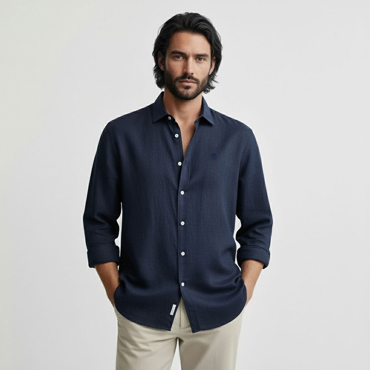 Regular Fit Long Sleeve Navy Blue Linen Blend Men's Shirt