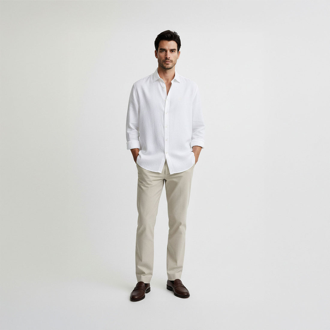 Regular Fit Long Sleeve White Linen Blend Men's Shirt