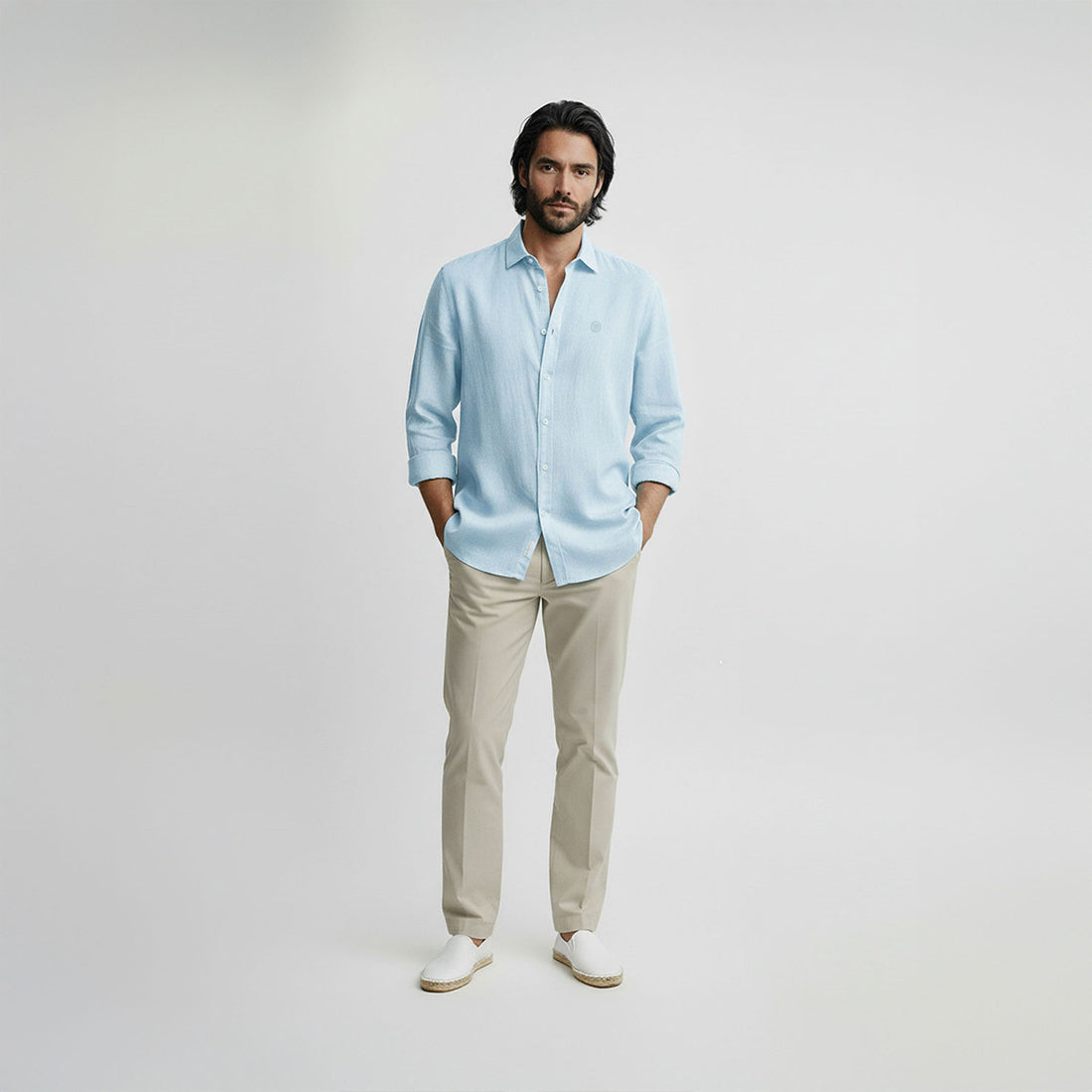 Regular Fit Long Sleeve Light Blue Linen Men's Shirt
