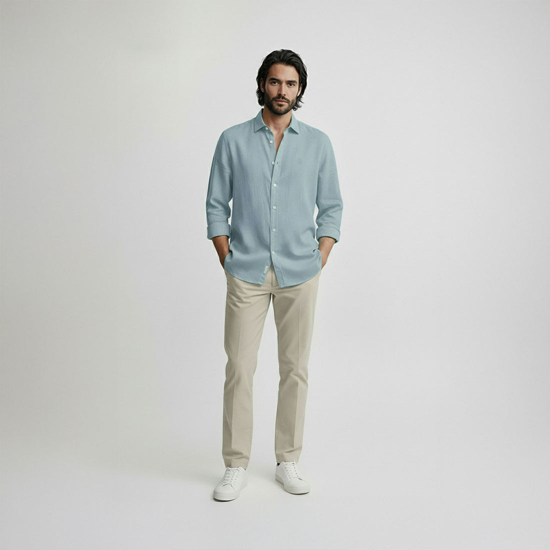 Regular Fit Long Sleeve Dusty Mint Linen Blend Men's Shirt