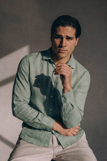 Regular Fit Long Sleeve Dusty Mint Linen Blend Men's Shirt