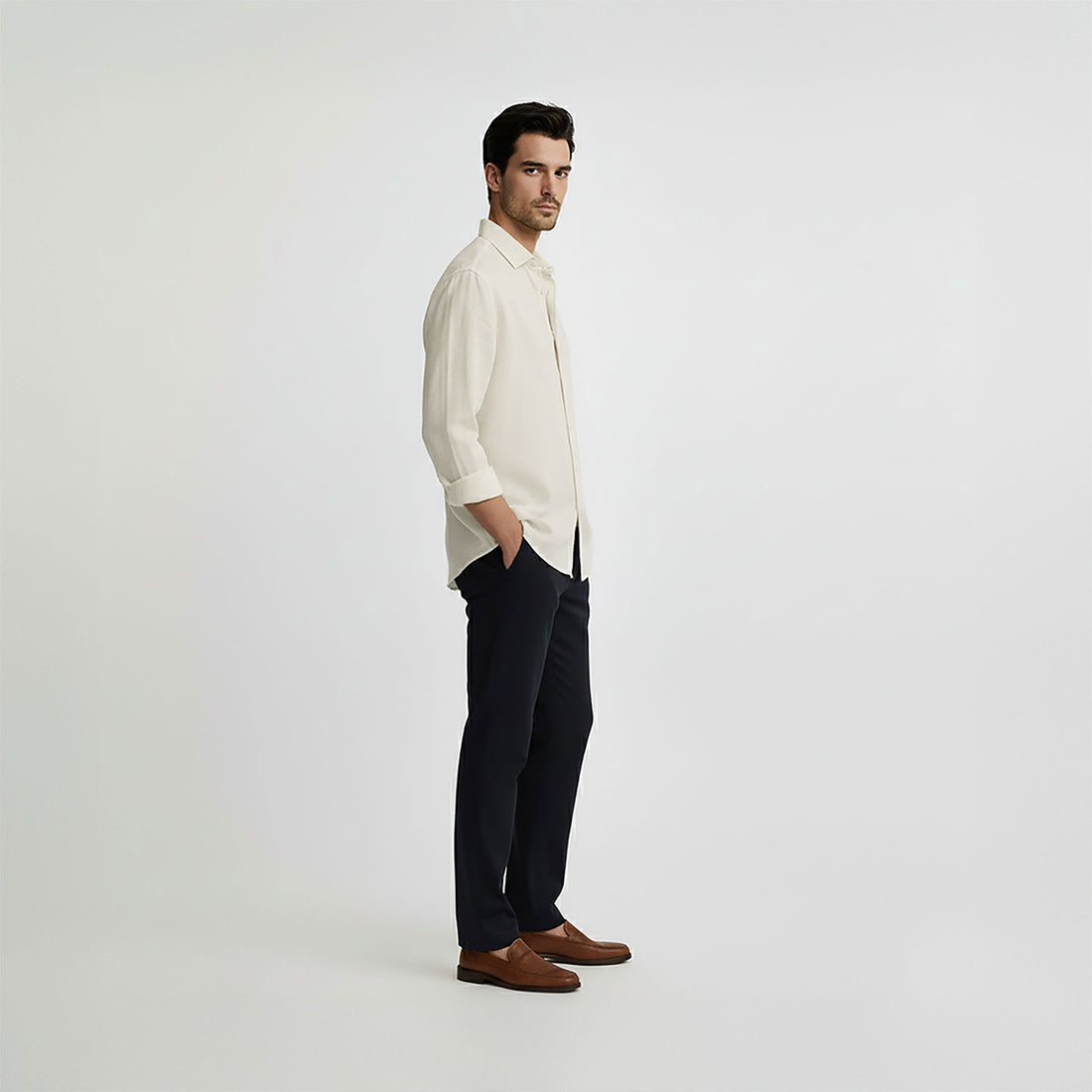 Regular Fit Long Sleeve Light Yellow Linen Men's Shirt