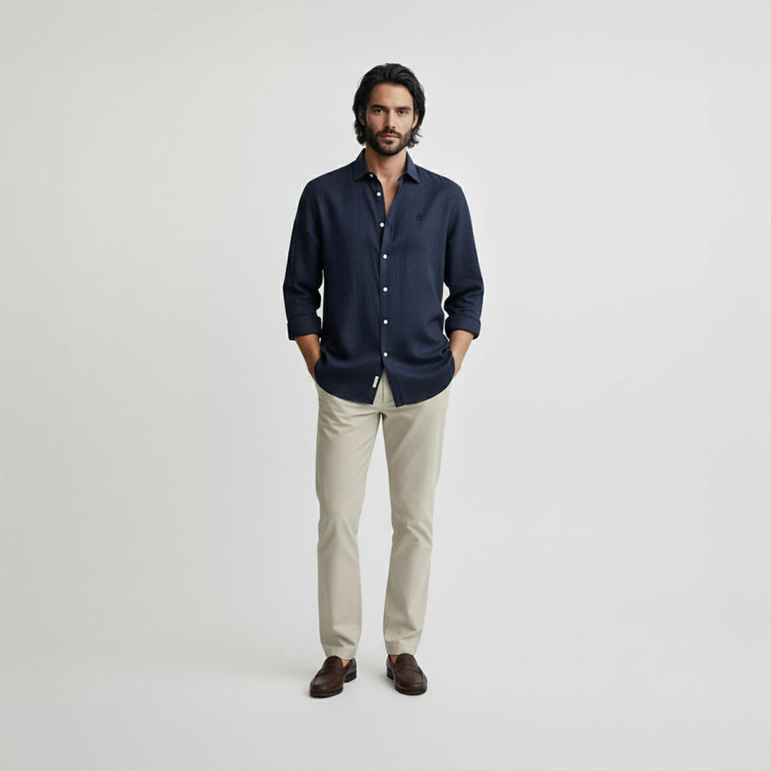Regular Fit Long Sleeve Navy Blue Linen Blend Men's Shirt