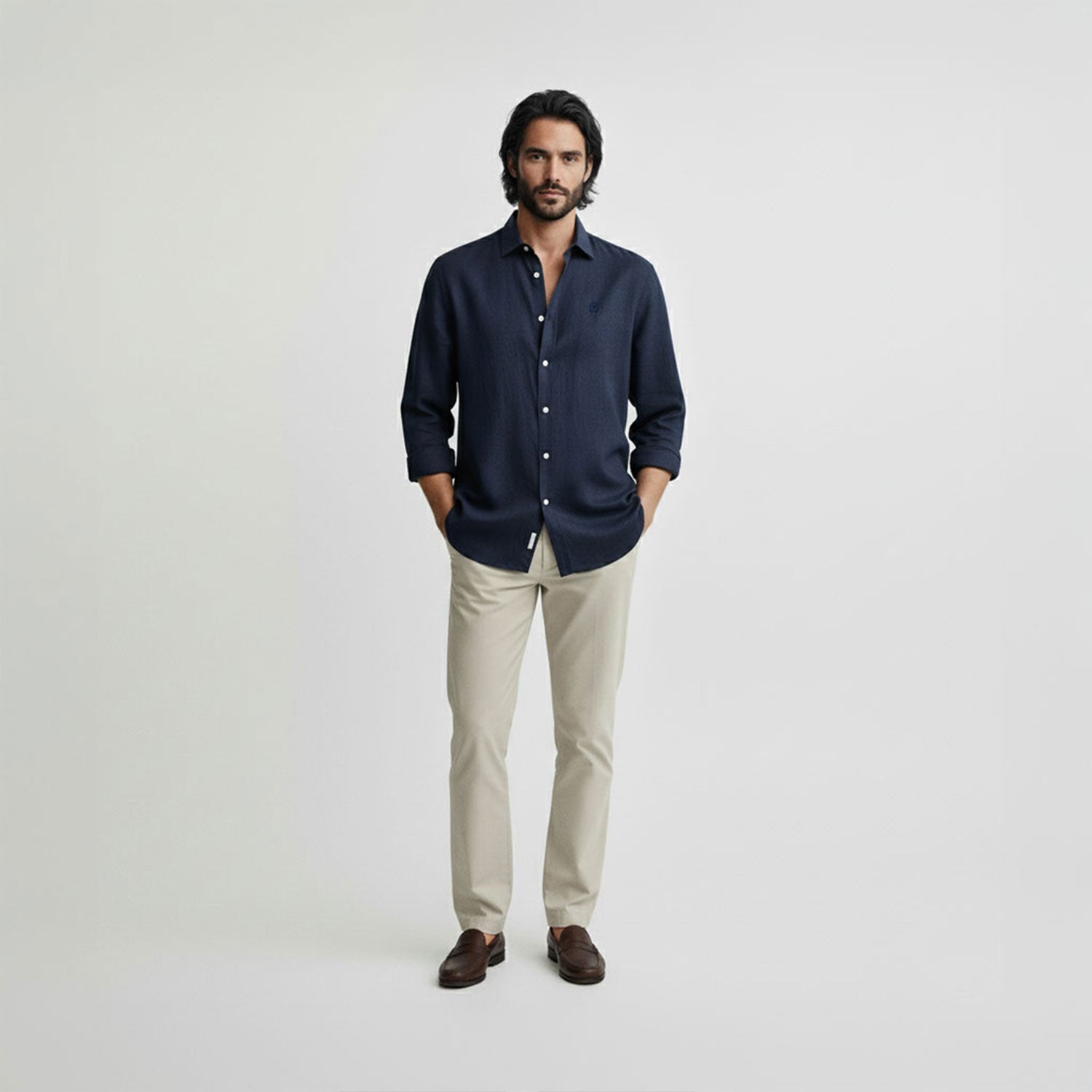 Regular Fit Long Sleeve Navy Blue Linen Blend Men's Shirt