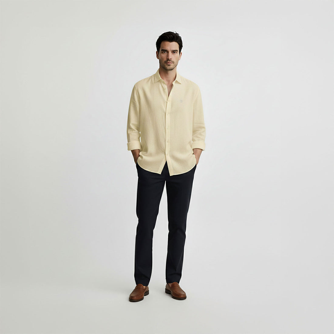 Regular Fit Long Sleeve Yellow Linen Blend Men's Shirt
