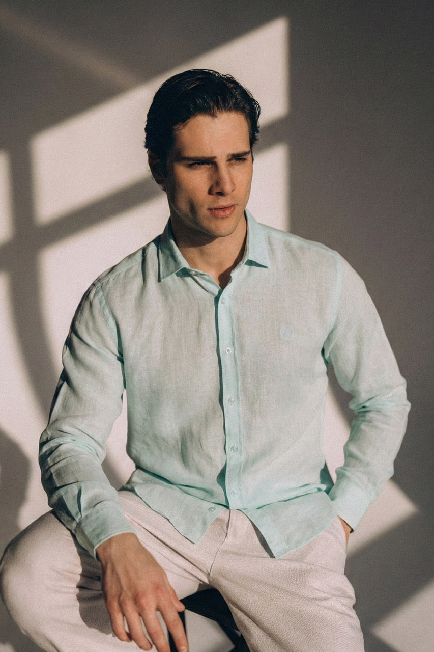 Regular Fit Long Sleeve Light Blue Linen Men's Shirt
