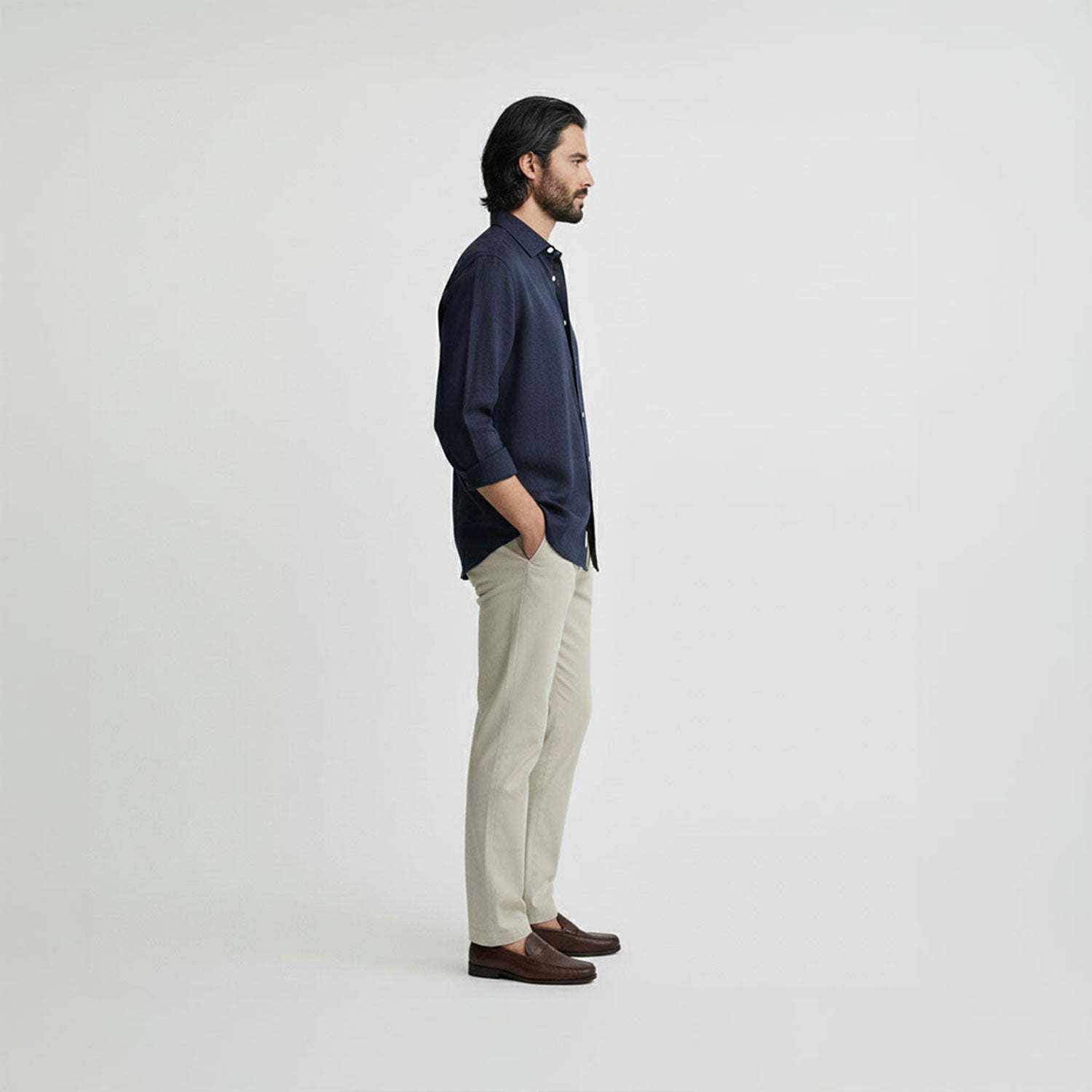 Regular Fit Long Sleeve Navy Blue Linen Blend Men's Shirt