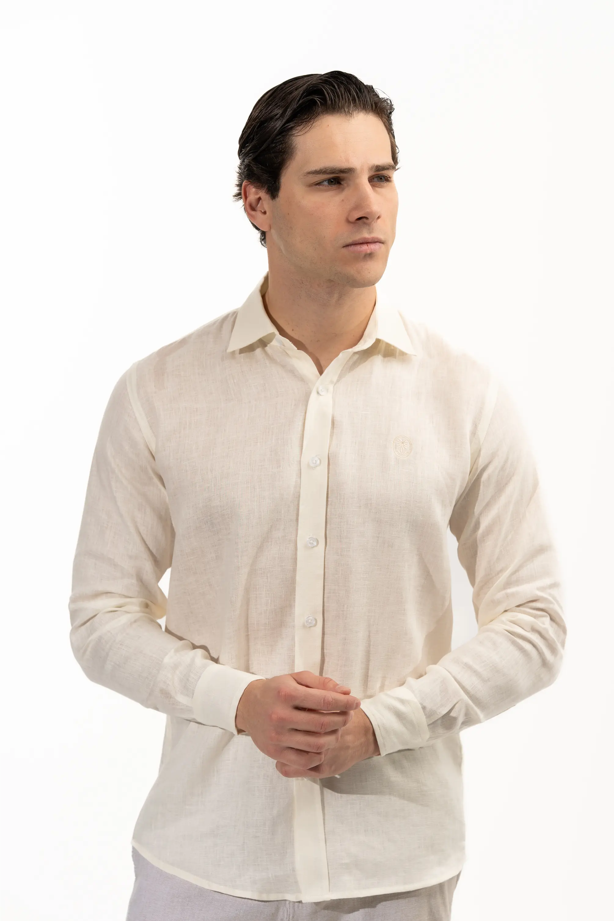 Regular Fit Long Sleeve Light Yellow Linen Men's Shirt