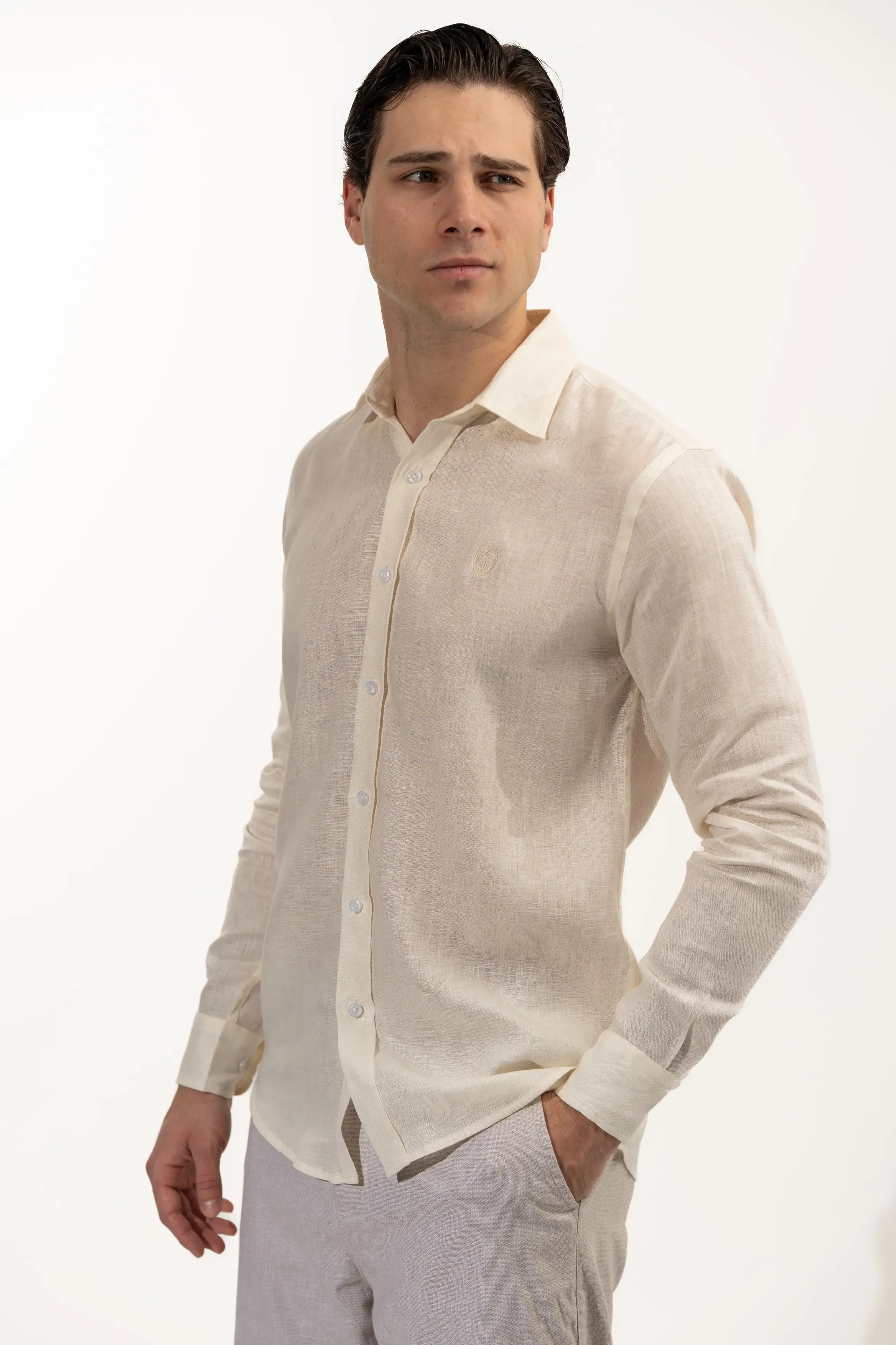 Regular Fit Long Sleeve Light Yellow Linen Men's Shirt