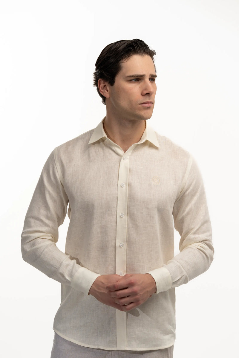 Regular Fit Long Sleeve Light Yellow Linen Men's Shirt