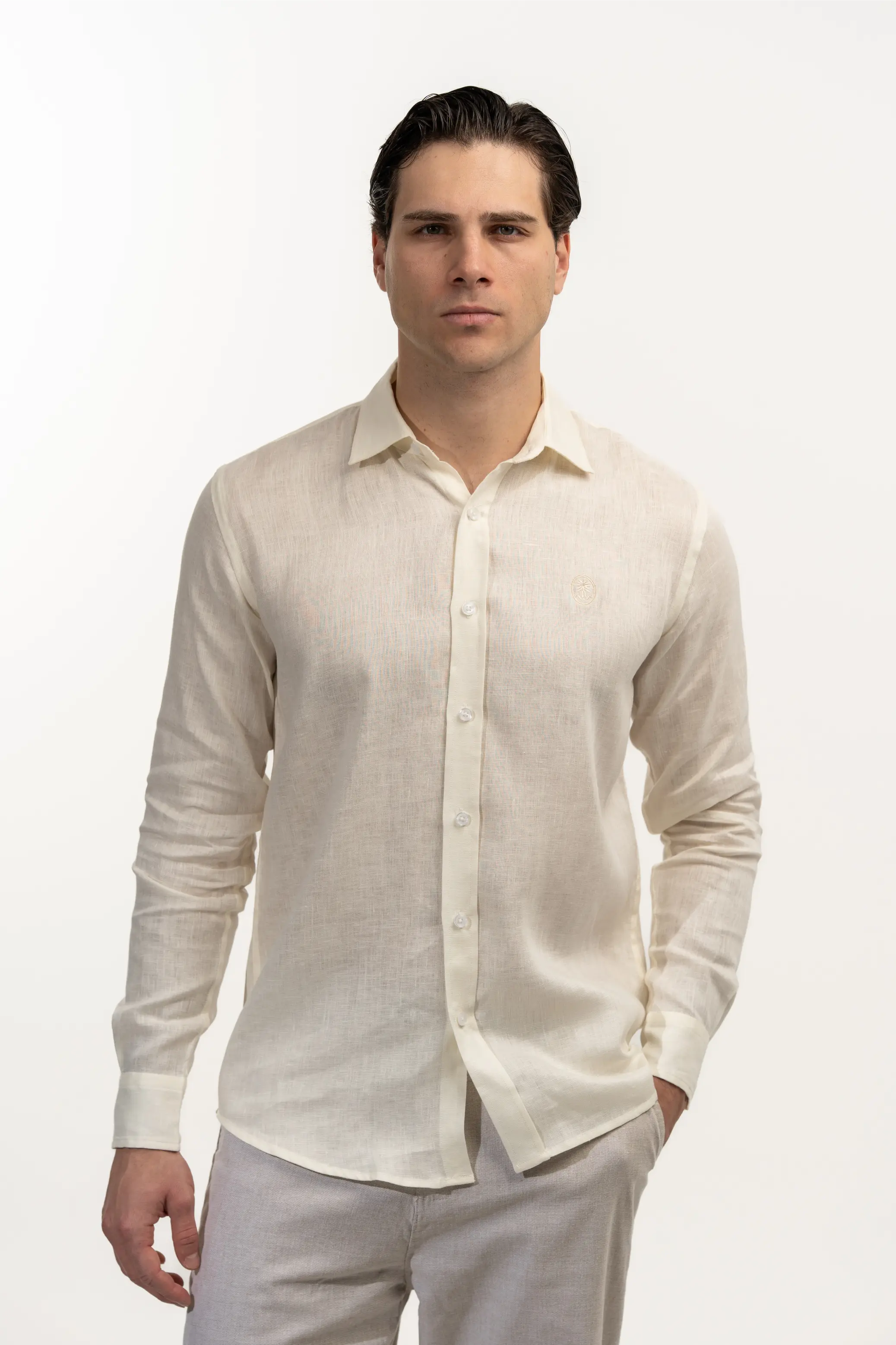 Regular Fit Long Sleeve Light Yellow Linen Men's Shirt