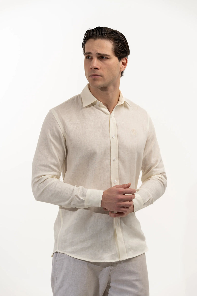 Regular Fit Long Sleeve Light Yellow Linen Men's Shirt