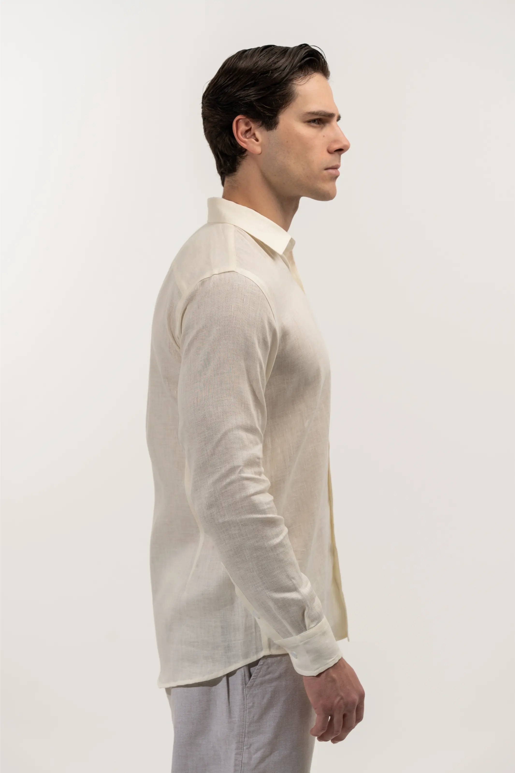 Regular Fit Long Sleeve Light Yellow Linen Men's Shirt