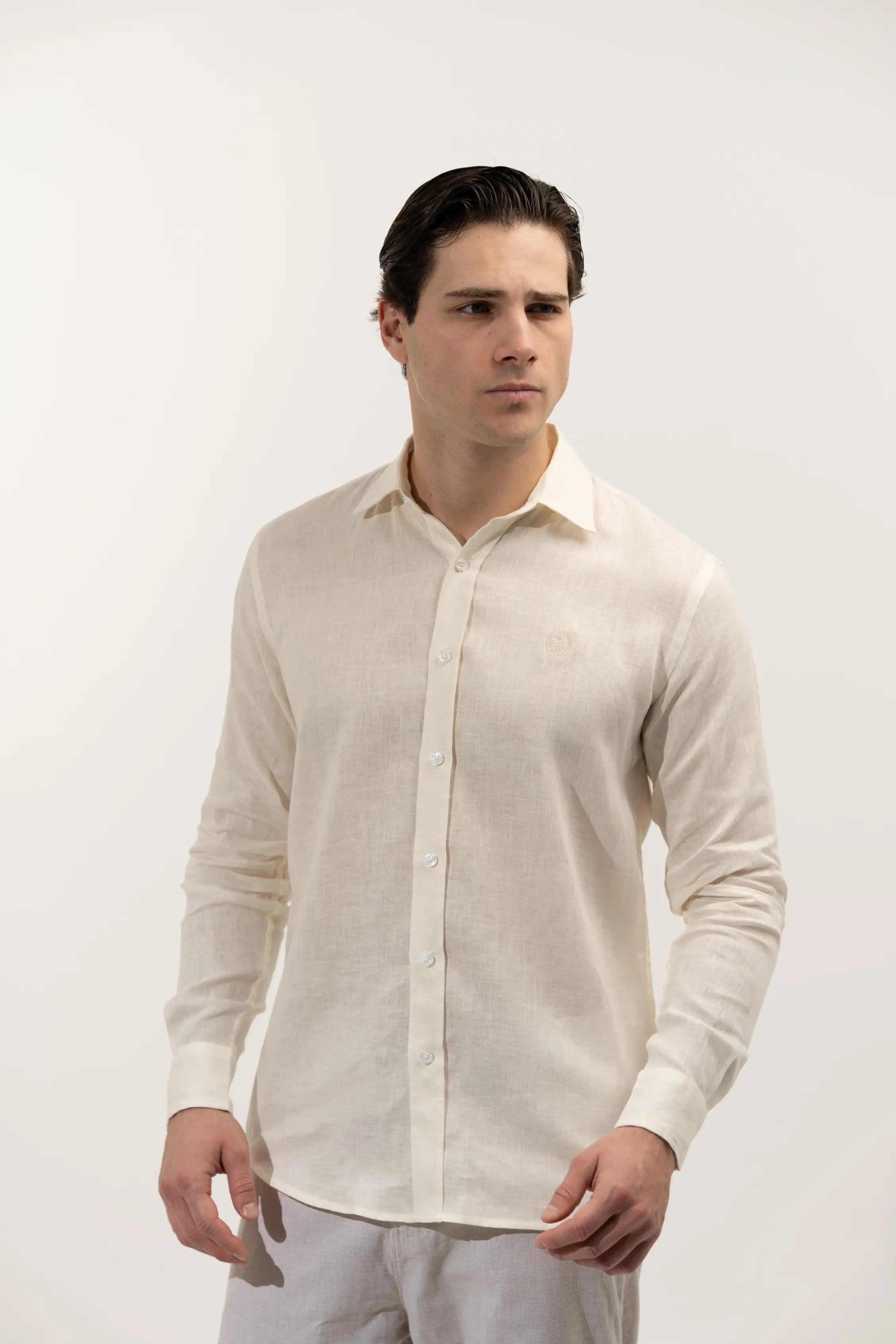 Regular Fit Long Sleeve Light Yellow Linen Men's Shirt