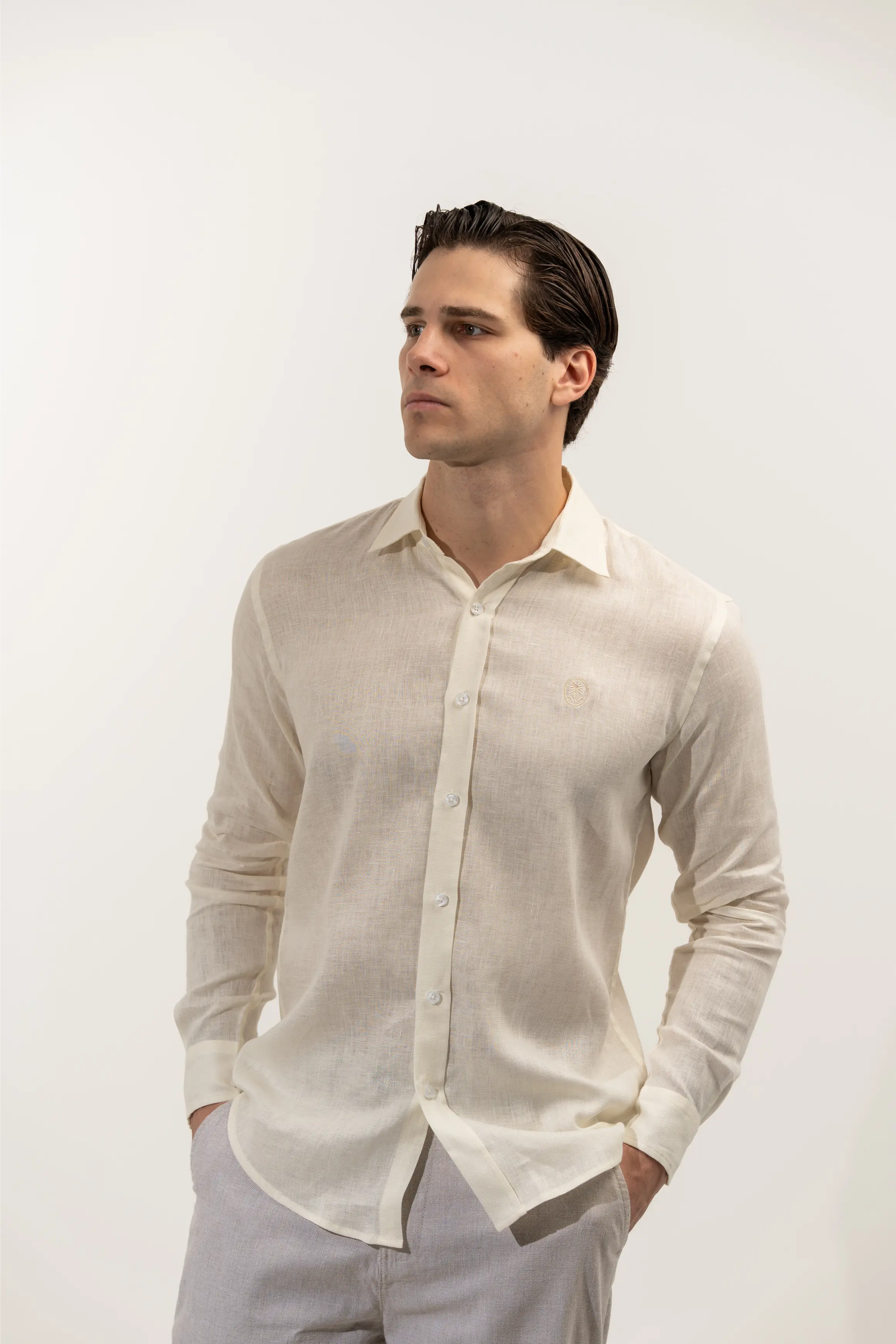 Regular Fit Long Sleeve Light Yellow Linen Men's Shirt