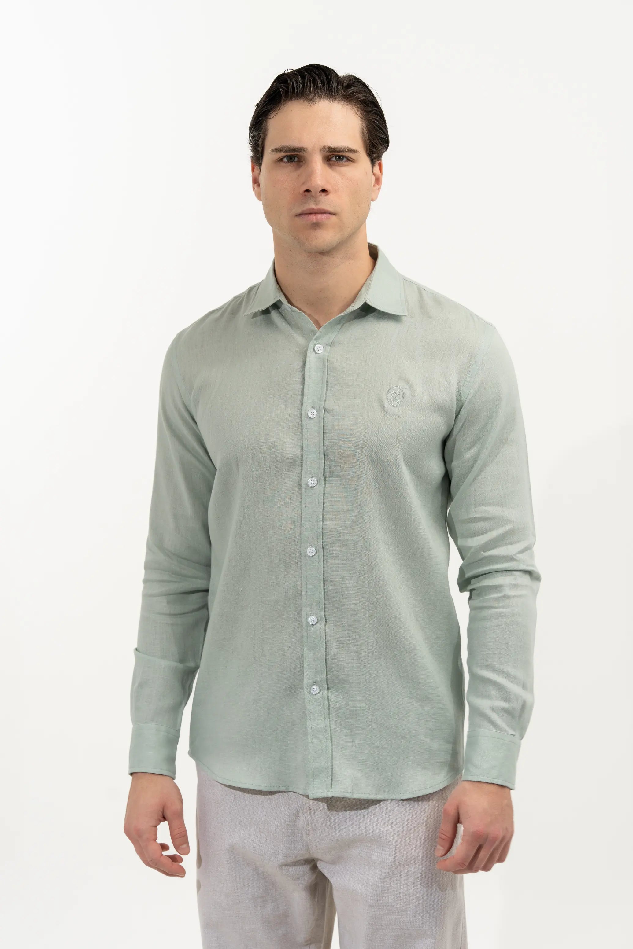 Regular Fit Long Sleeve Dusty Mint Linen Blend Men's Shirt