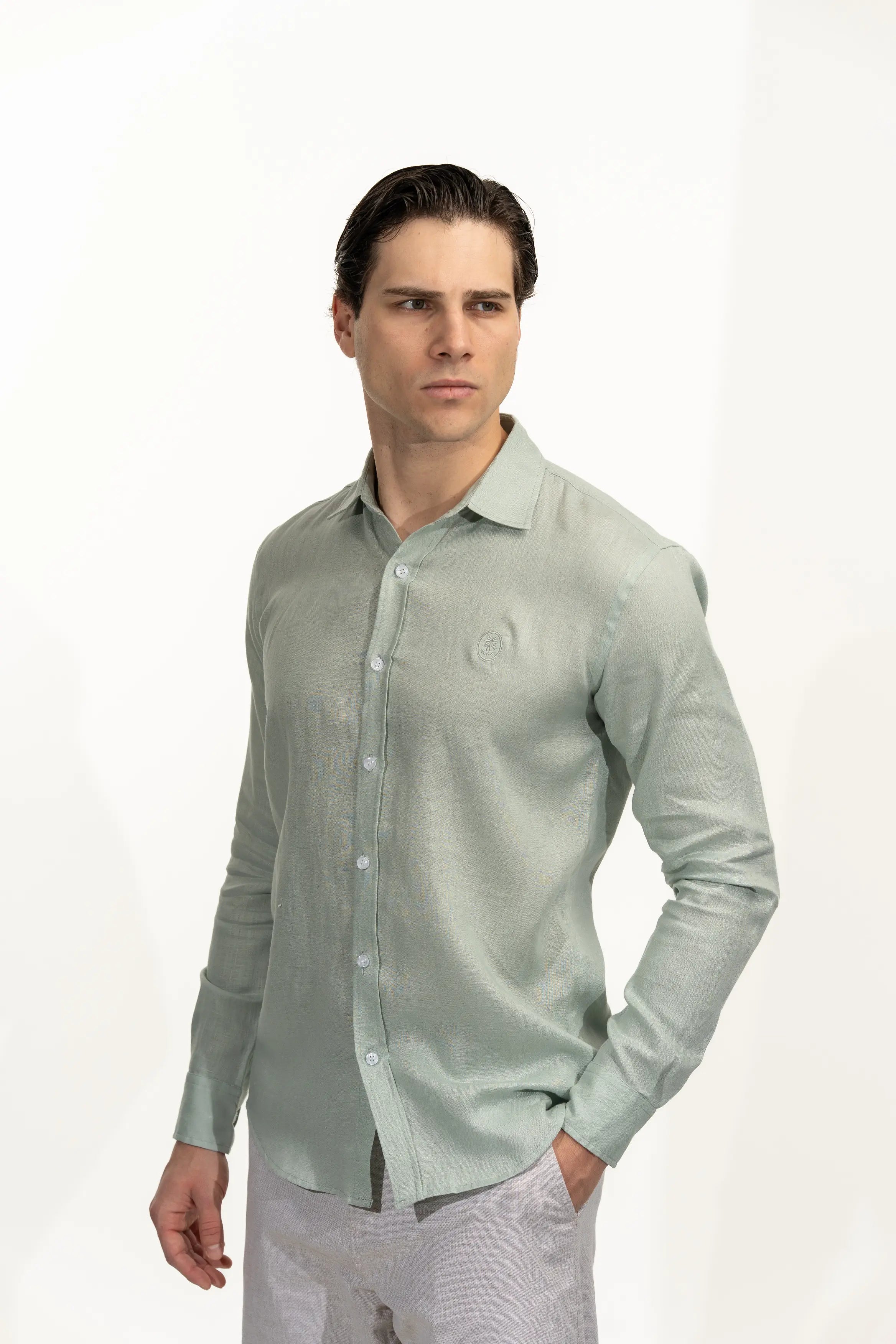 Regular Fit Long Sleeve Dusty Mint Linen Blend Men's Shirt