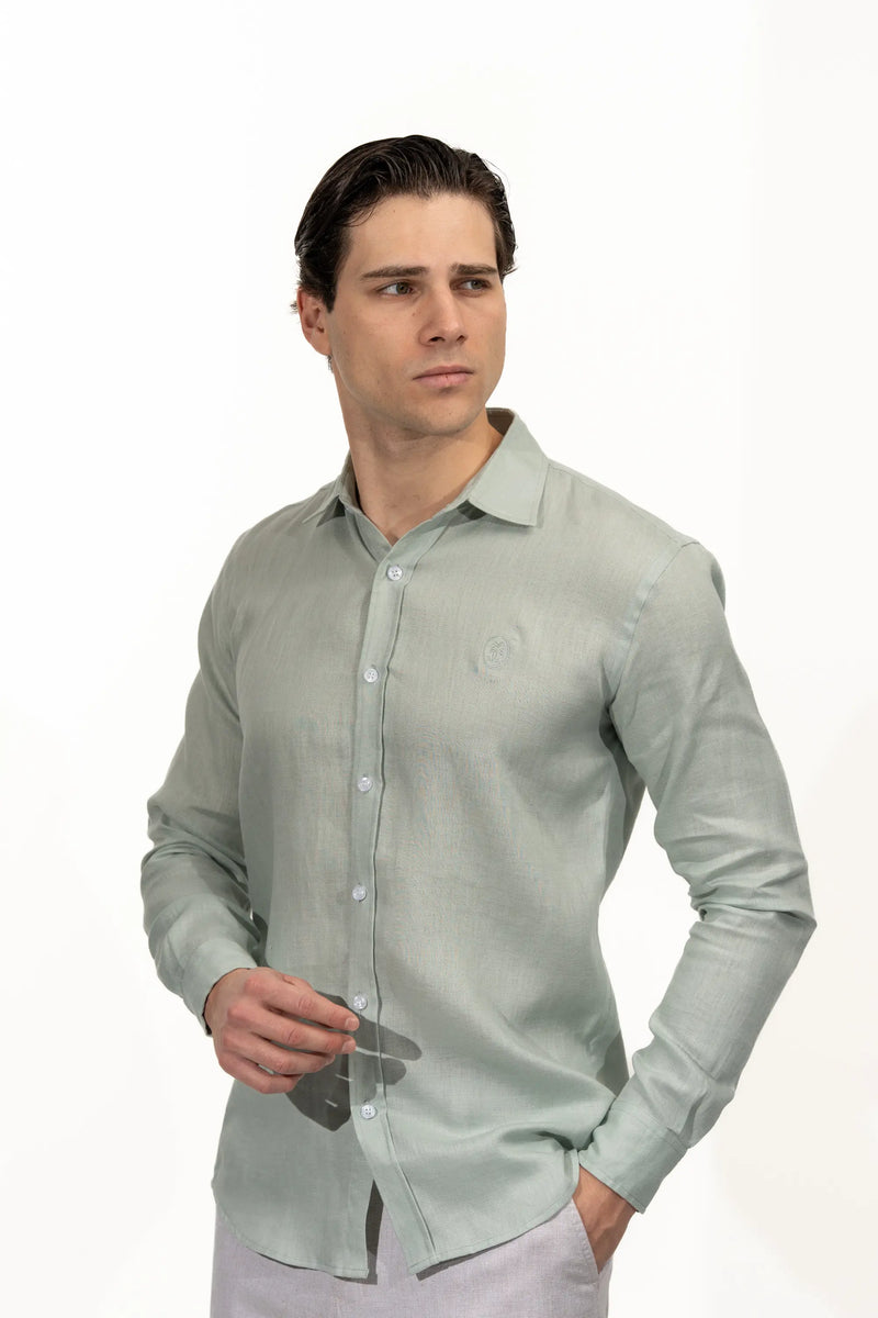 Regular Fit Long Sleeve Dusty Mint Linen Blend Men's Shirt