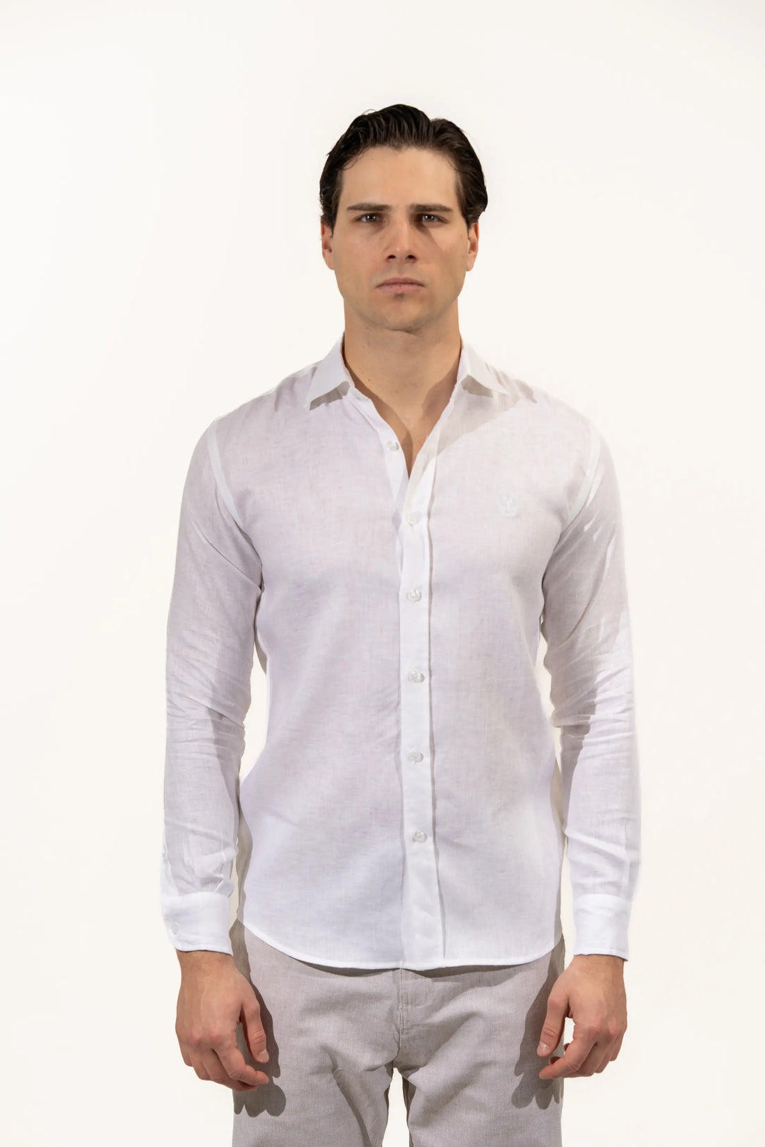 Regular Fit Long Sleeve White Linen Blend Men's Shirt