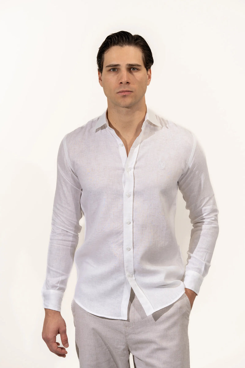 Regular Fit Long Sleeve White Linen Blend Men's Shirt