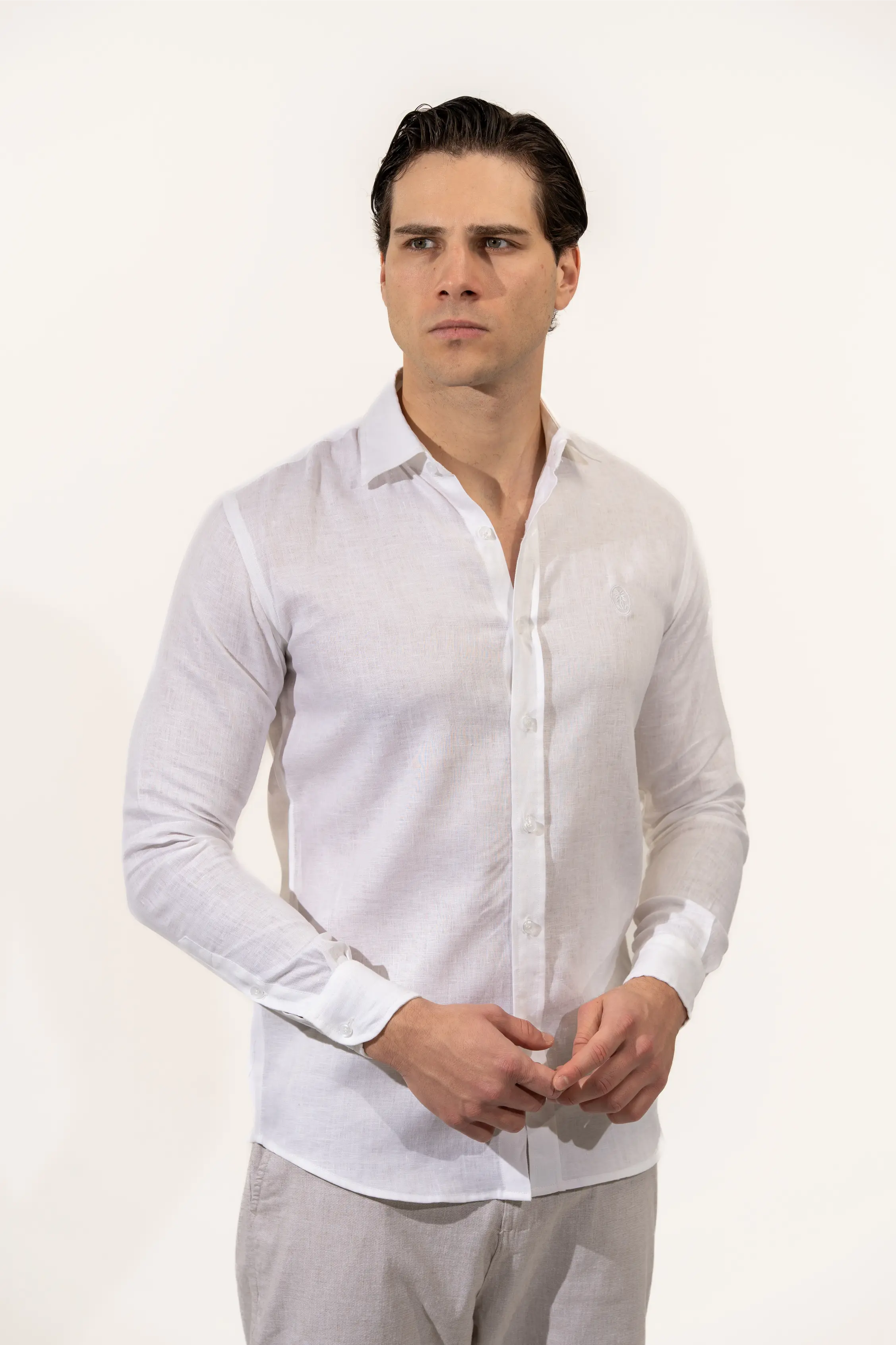 Regular Fit Long Sleeve White Linen Blend Men's Shirt