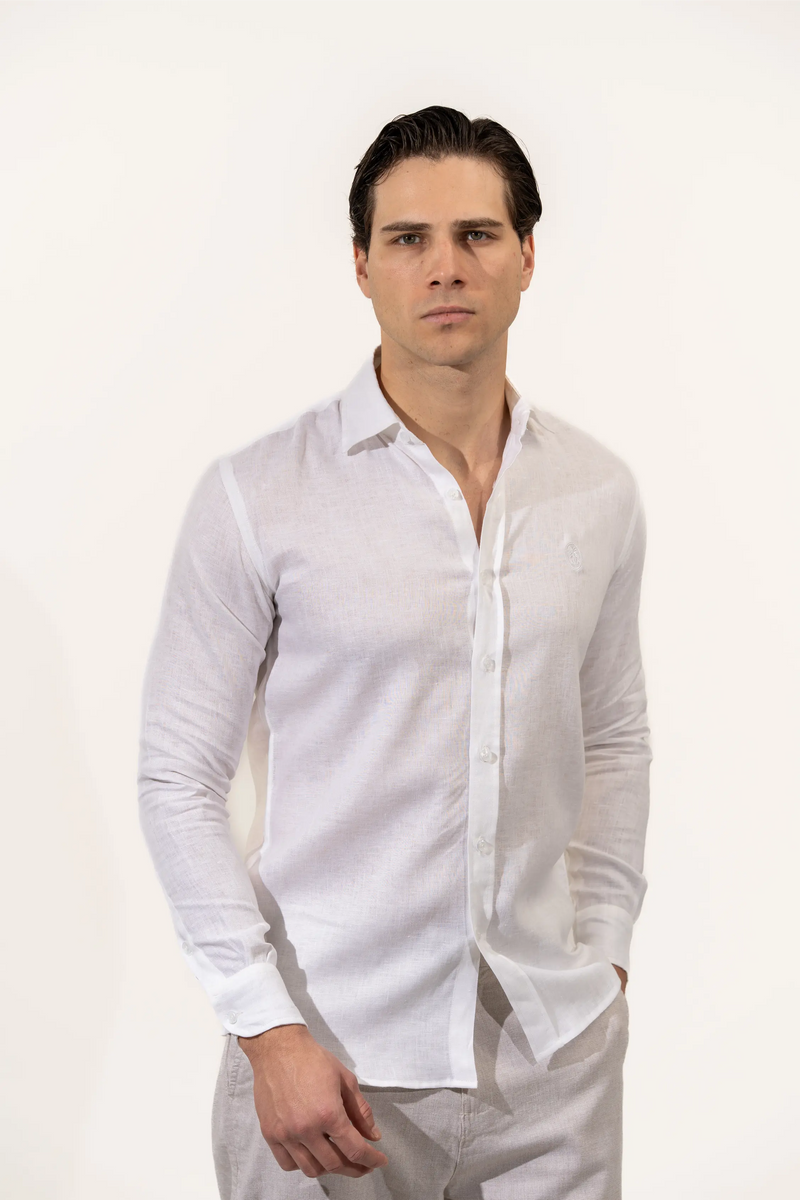 Regular Fit Long Sleeve White Linen Blend Men's Shirt