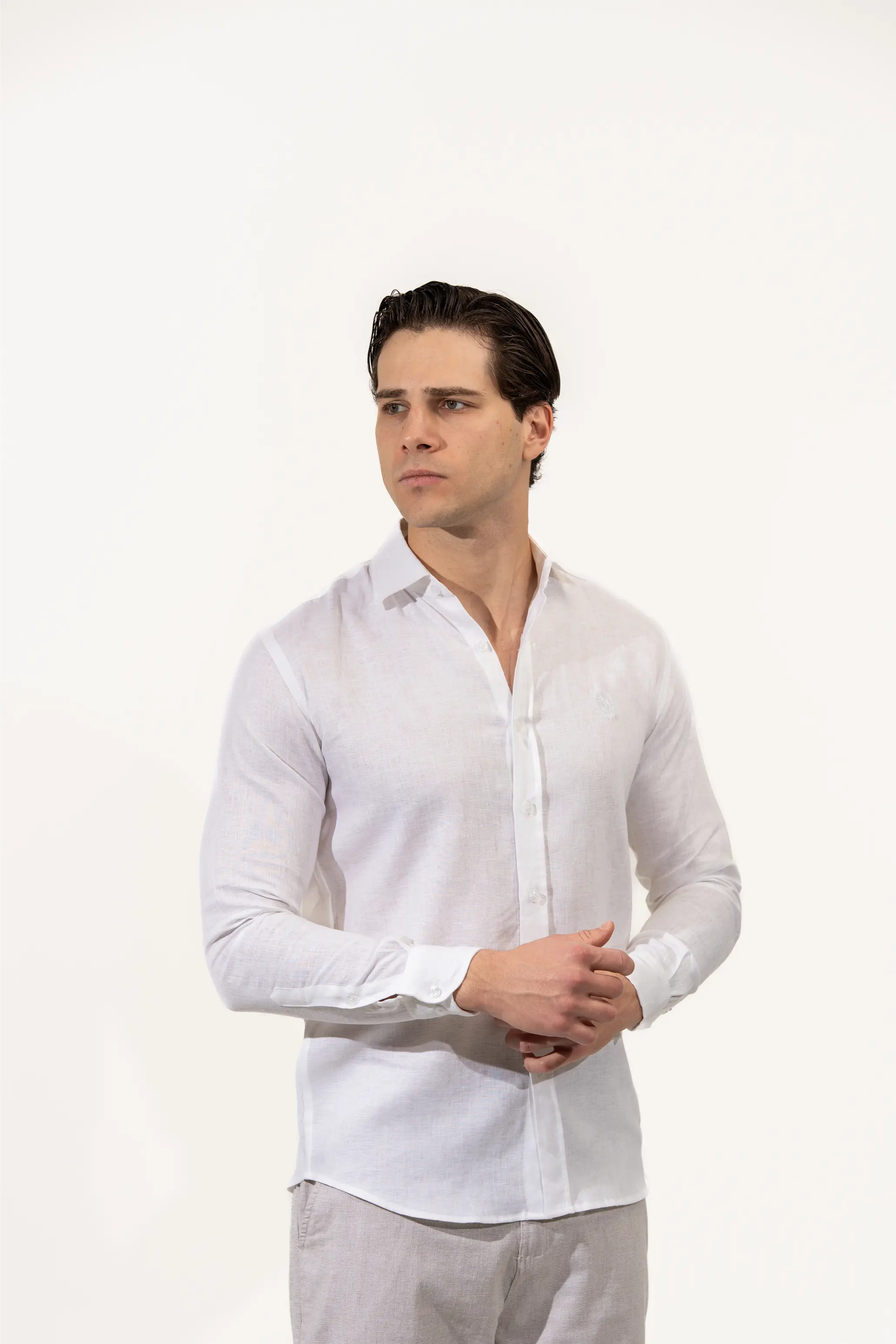 Regular Fit Long Sleeve White Linen Blend Men's Shirt