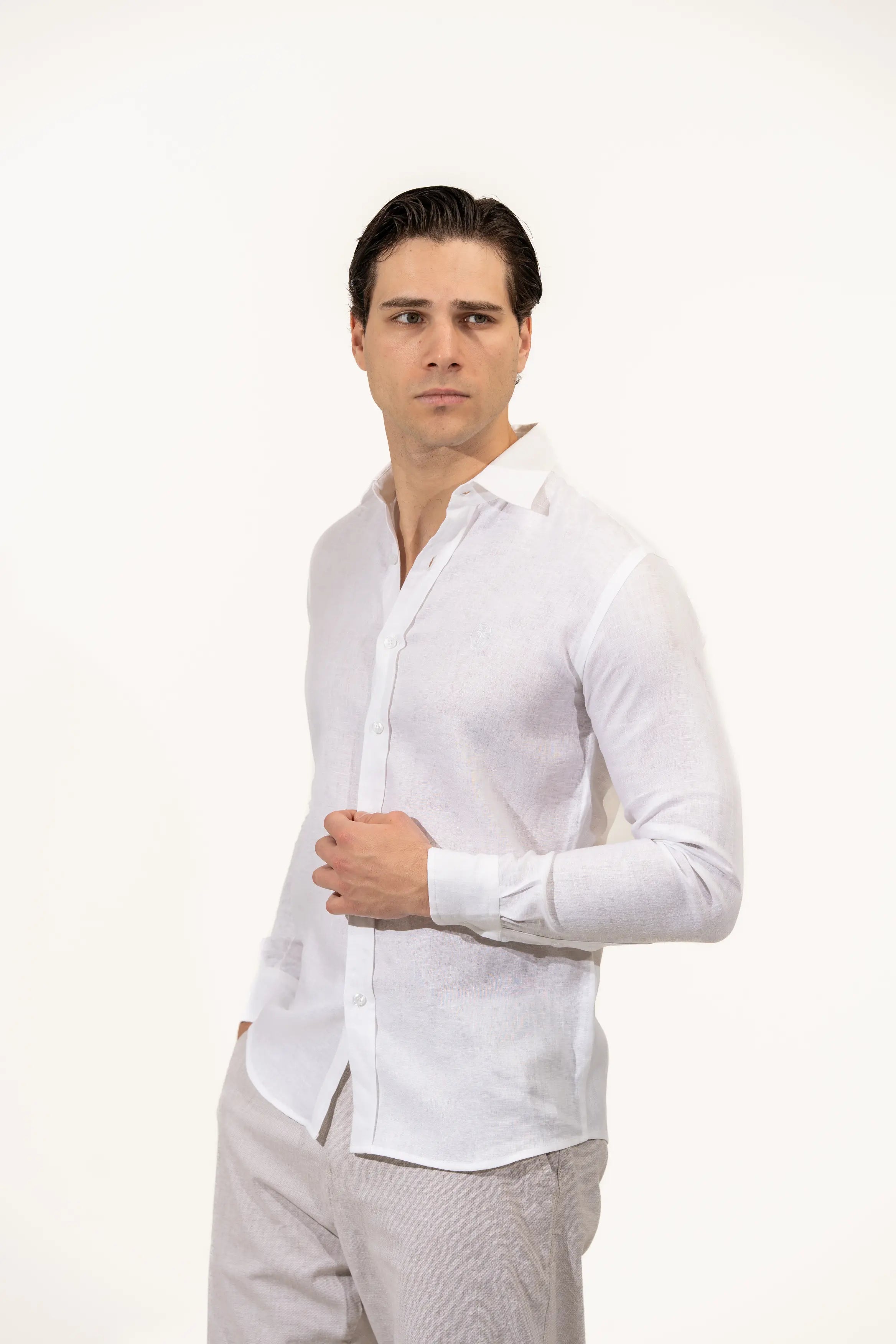 Regular Fit Long Sleeve White Linen Blend Men's Shirt
