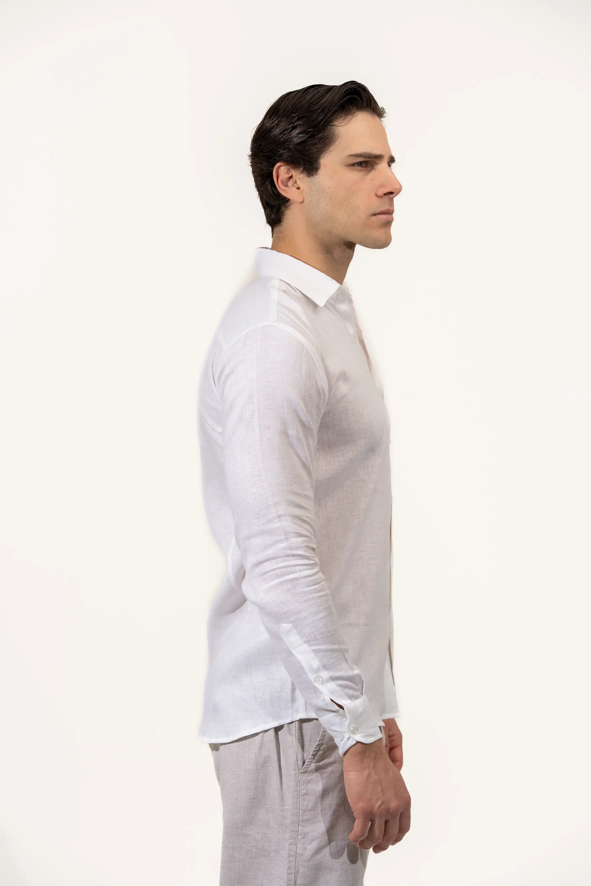 Regular Fit Long Sleeve White Linen Blend Men's Shirt