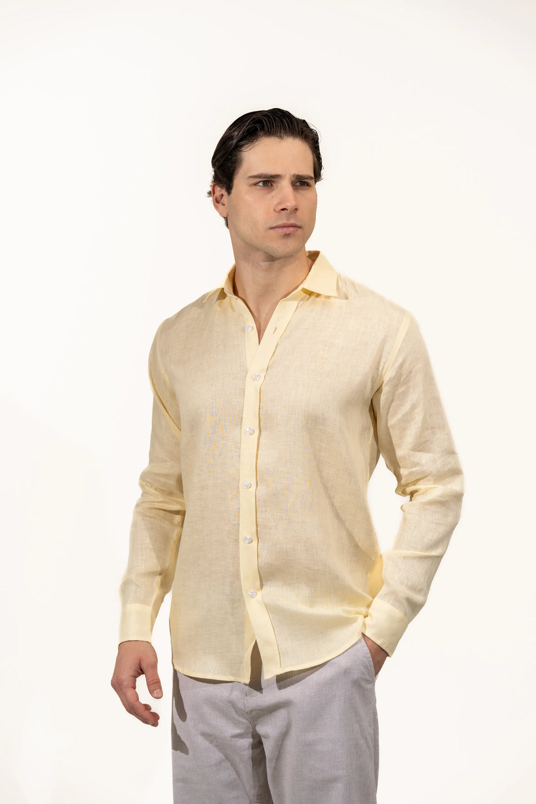 Regular Fit Long Sleeve Yellow Linen Blend Men's Shirt