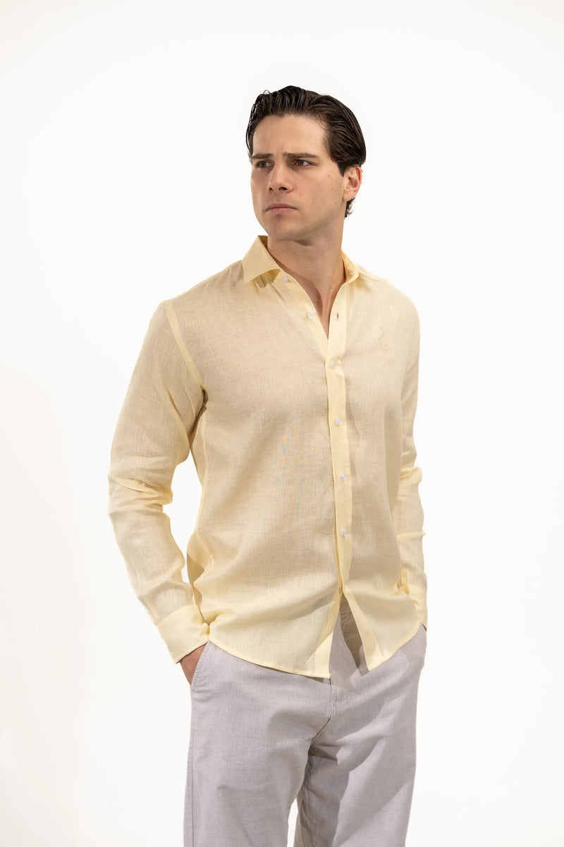 Regular Fit Long Sleeve Yellow Linen Blend Men's Shirt