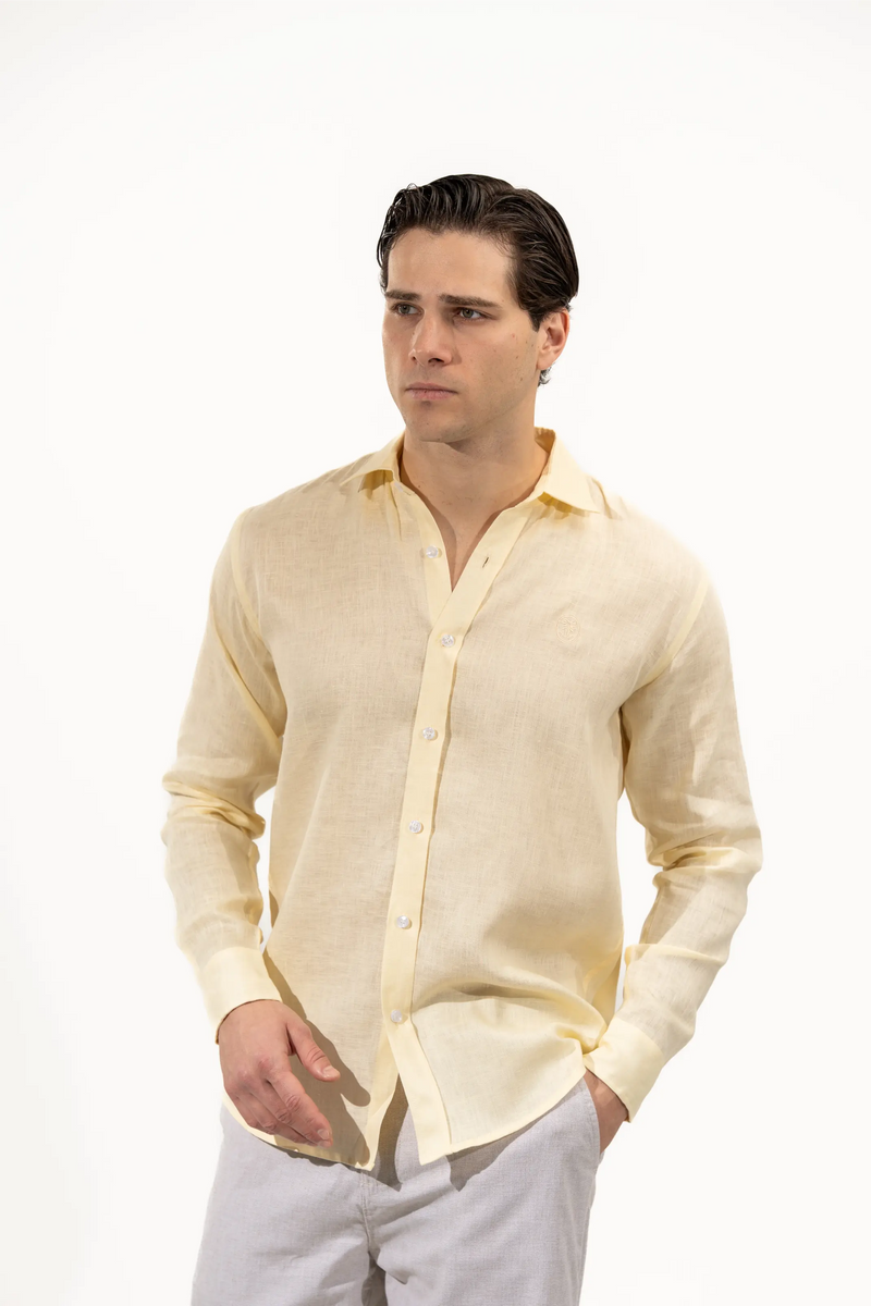 Regular Fit Long Sleeve Yellow Linen Blend Men's Shirt