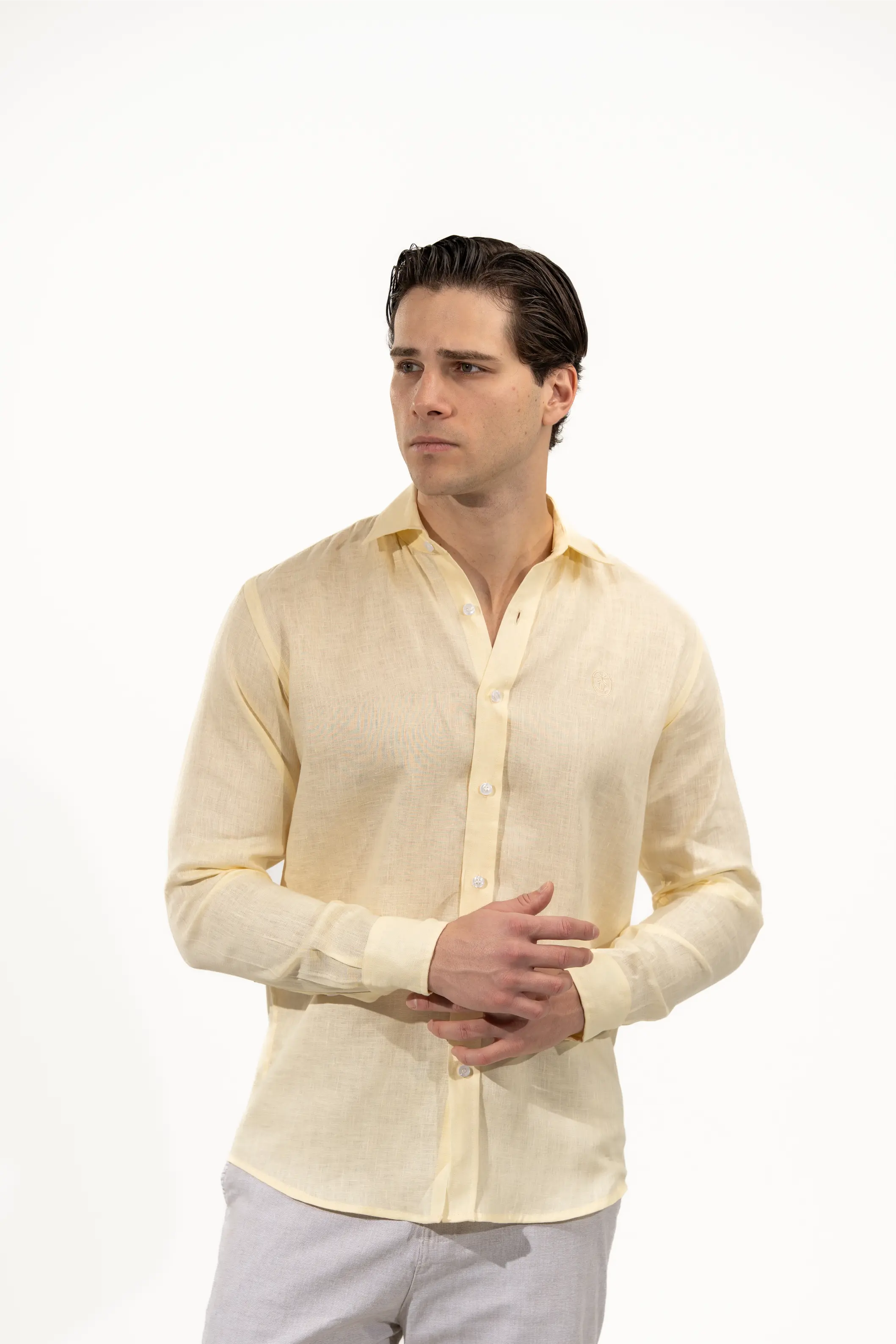 Regular Fit Long Sleeve Yellow Linen Blend Men's Shirt