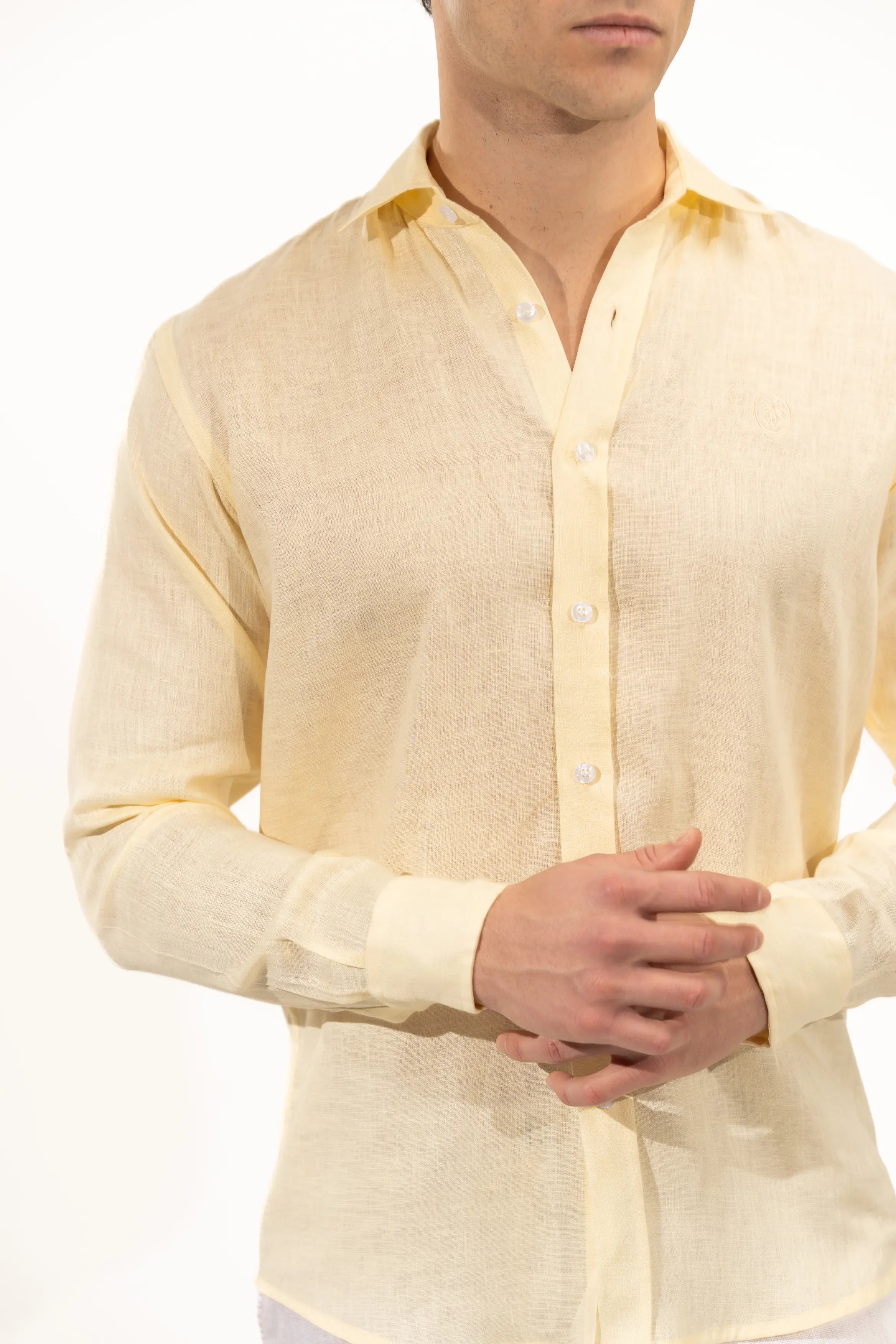 Regular Fit Long Sleeve Yellow Linen Blend Men's Shirt