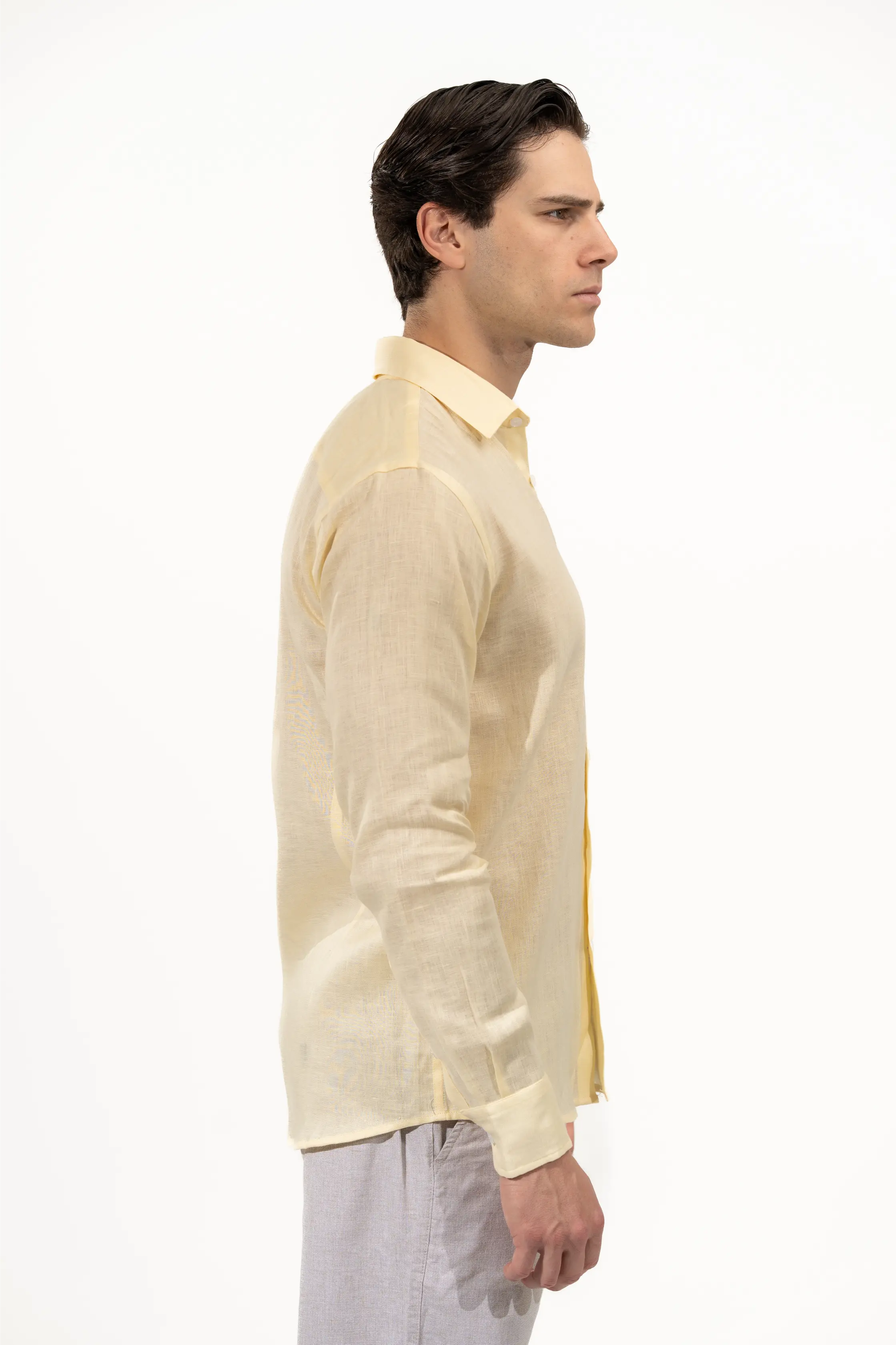 Regular Fit Long Sleeve Yellow Linen Blend Men's Shirt