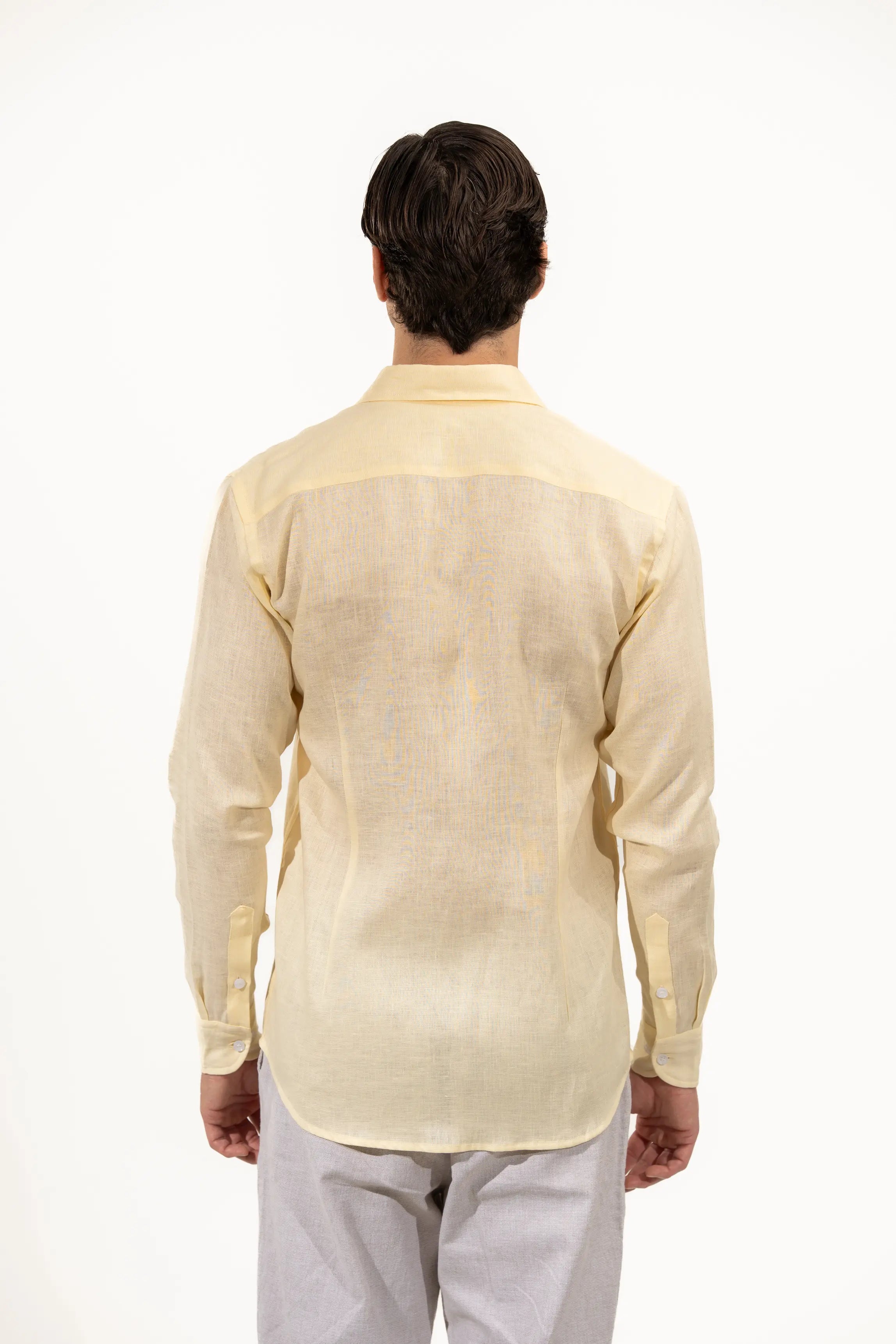 Regular Fit Long Sleeve Yellow Linen Blend Men's Shirt
