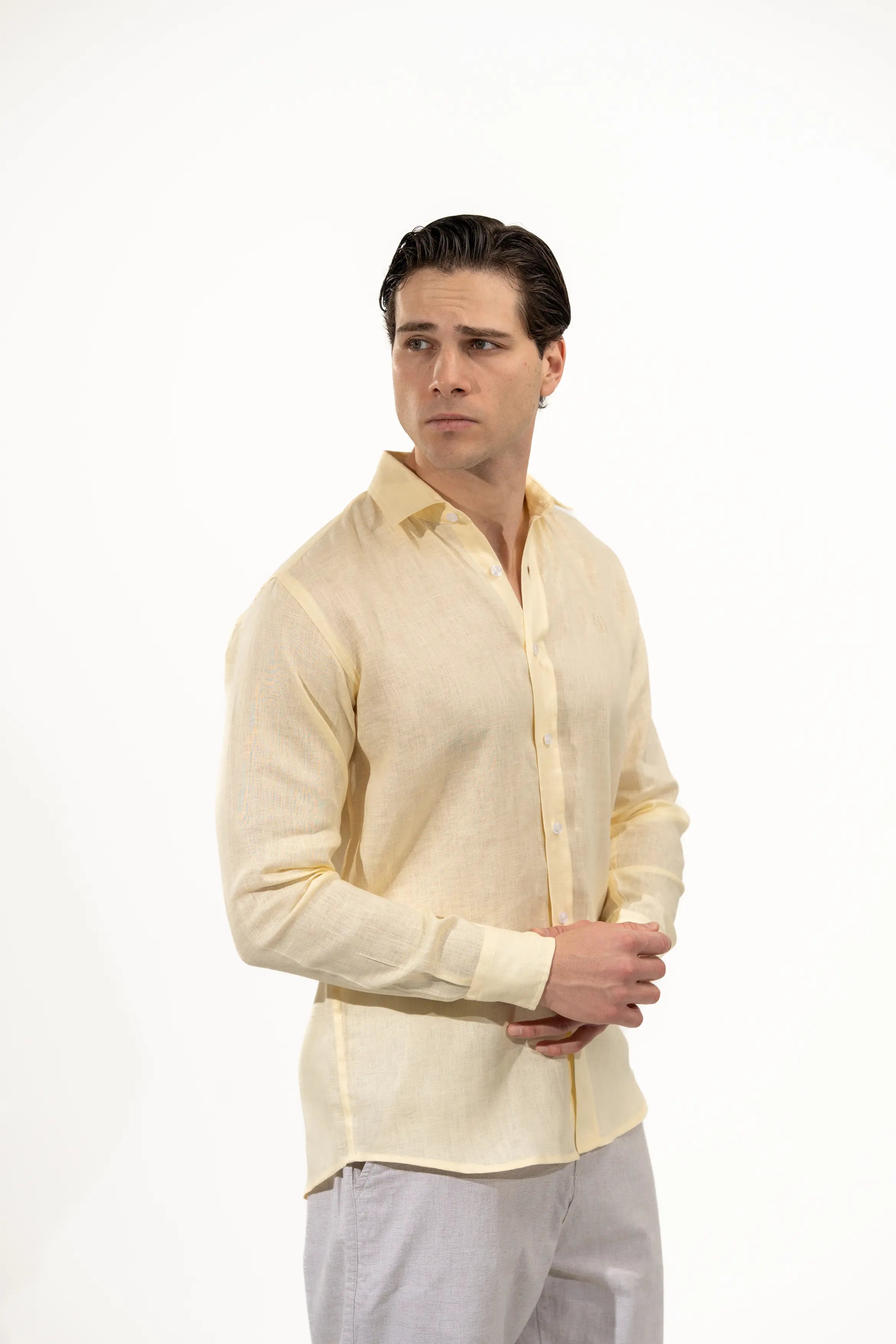 Regular Fit Long Sleeve Yellow Linen Blend Men's Shirt