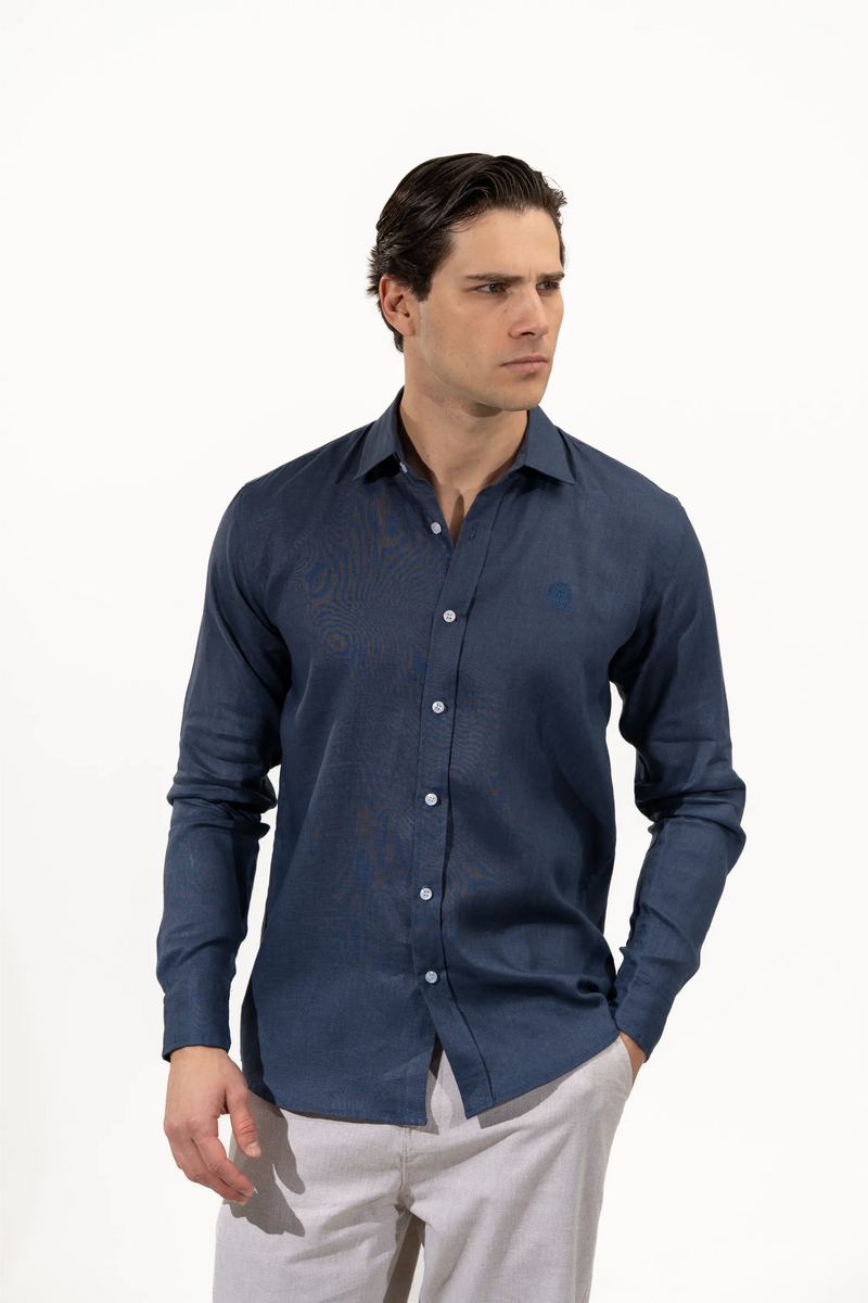 Regular Fit Long Sleeve Navy Blue Linen Blend Men's Shirt