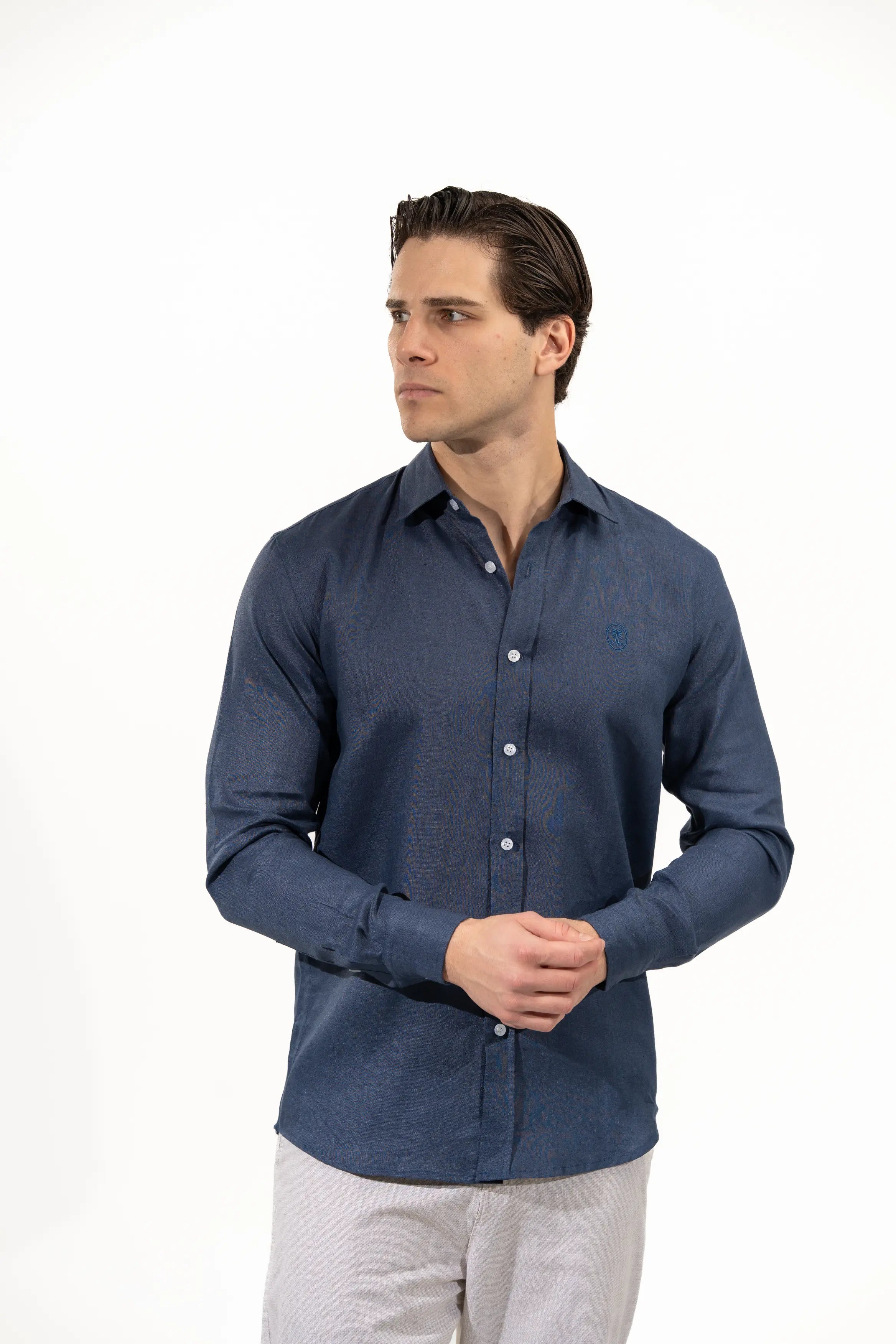 Regular Fit Long Sleeve Navy Blue Linen Blend Men's Shirt