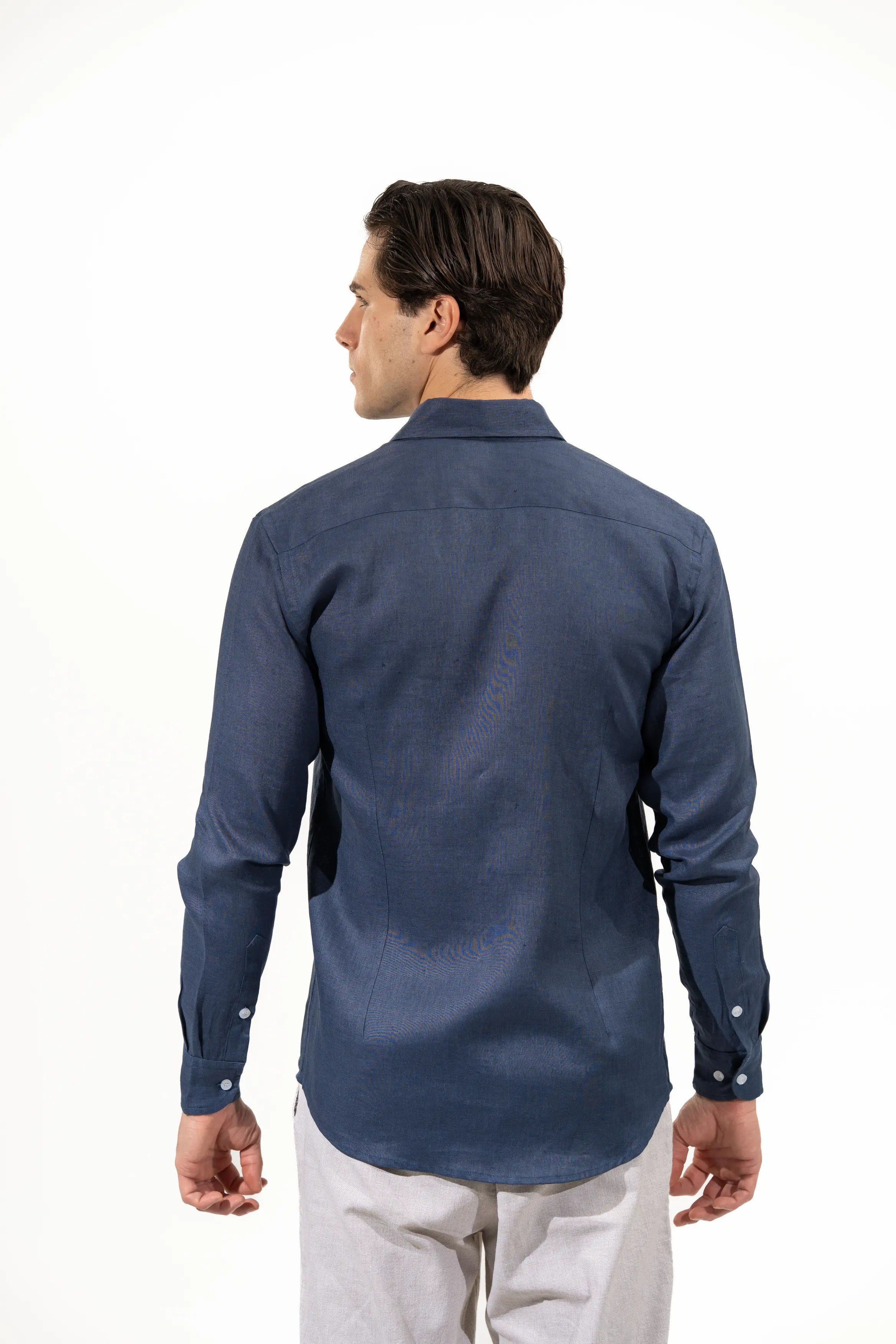 Regular Fit Long Sleeve Navy Blue Linen Blend Men's Shirt