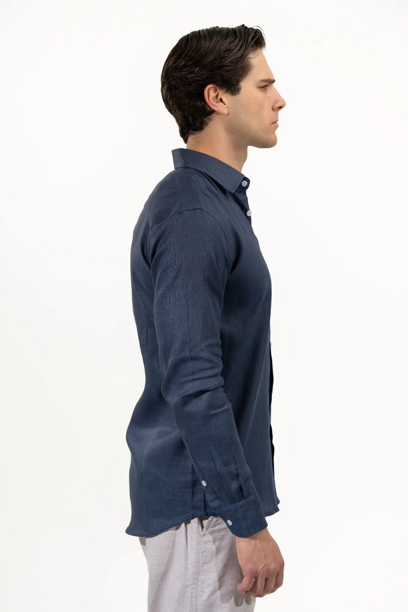 Regular Fit Long Sleeve Navy Blue Linen Blend Men's Shirt